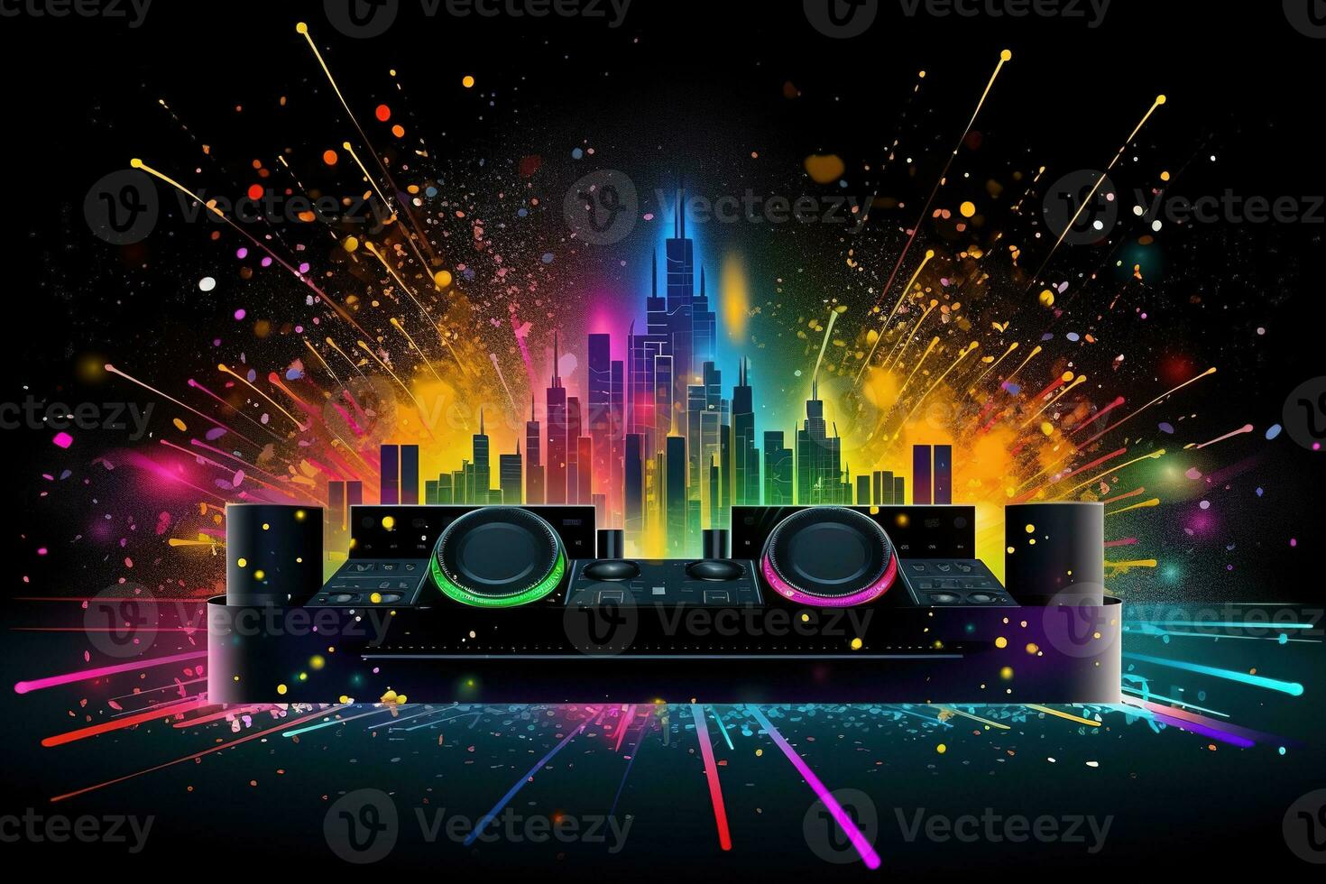 Abstract vector poster with colorful dj console, big speakers, fireworks, light bulbs, glitter, equalizer bars in background. Concept dance party. Generative AI photo