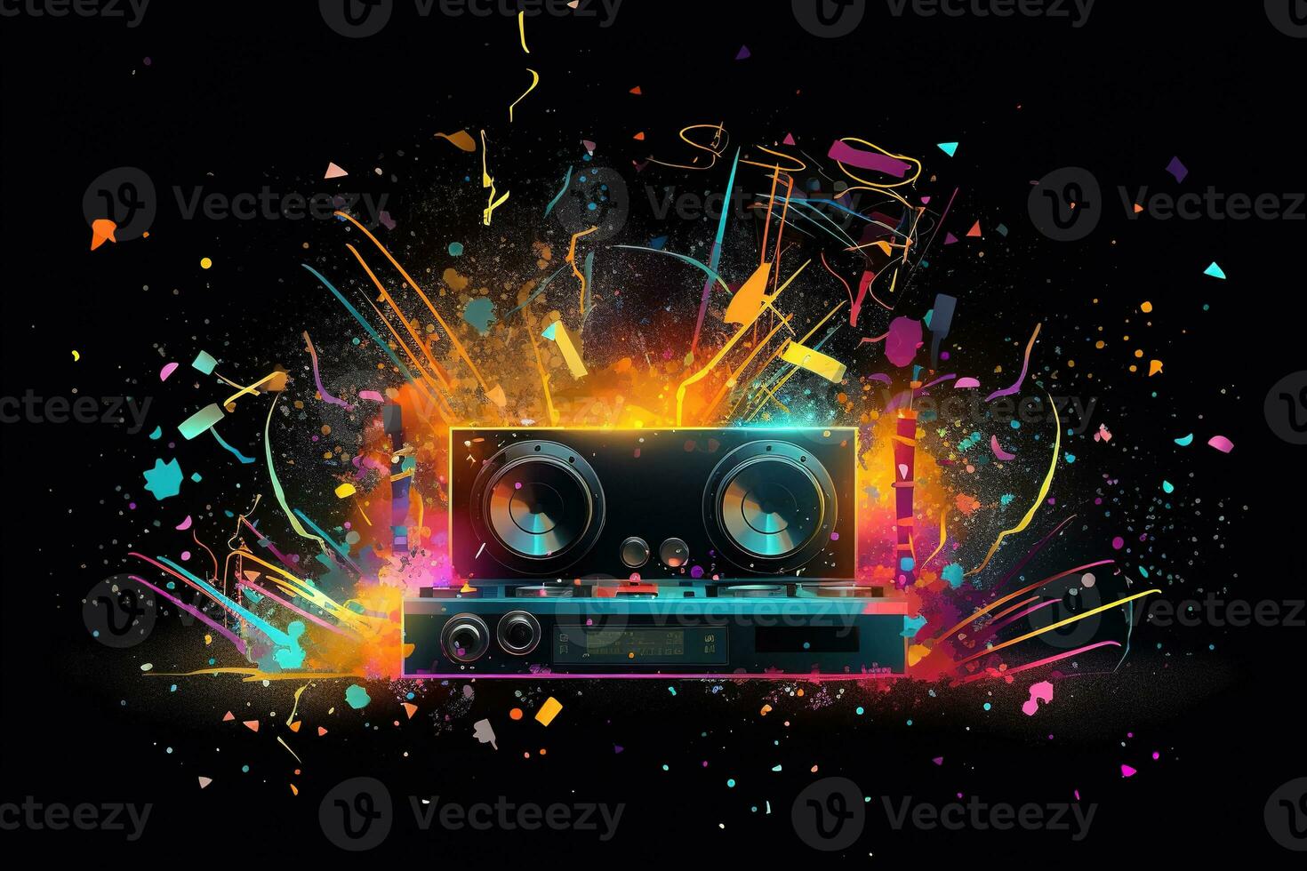 Abstract vector poster with colorful dj console, big speakers, fireworks, light bulbs, glitter, people dance, equalizer bars in background. Concept dance party. Generative AI photo