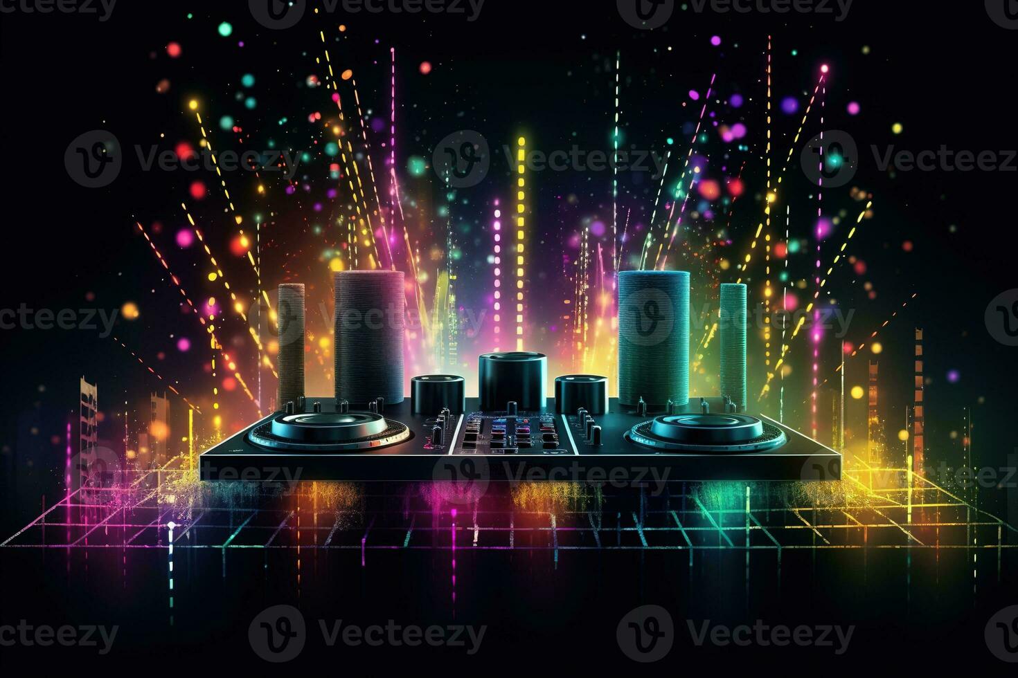 Abstract vector poster with colorful dj console, big speakers, fireworks, light bulbs, glitter, equalizer bars in background. Concept dance party. Generative AI photo