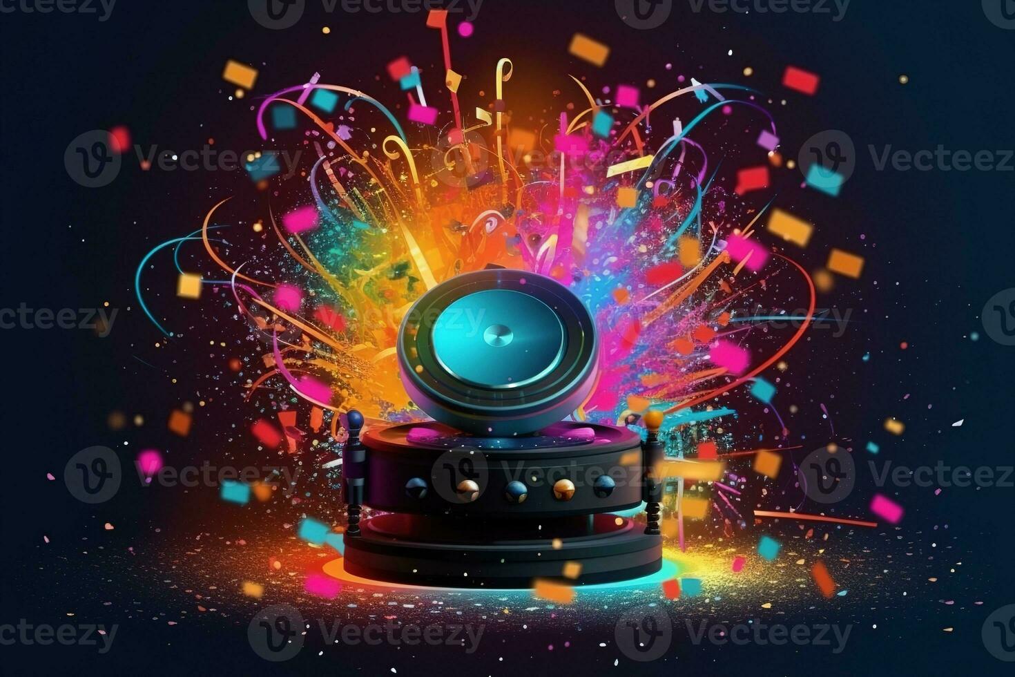 Abstract vector poster with colorful dj console, big speakers, fireworks, light bulbs, glitter, people dance, equalizer bars in background. Concept dance party. Generative AI photo