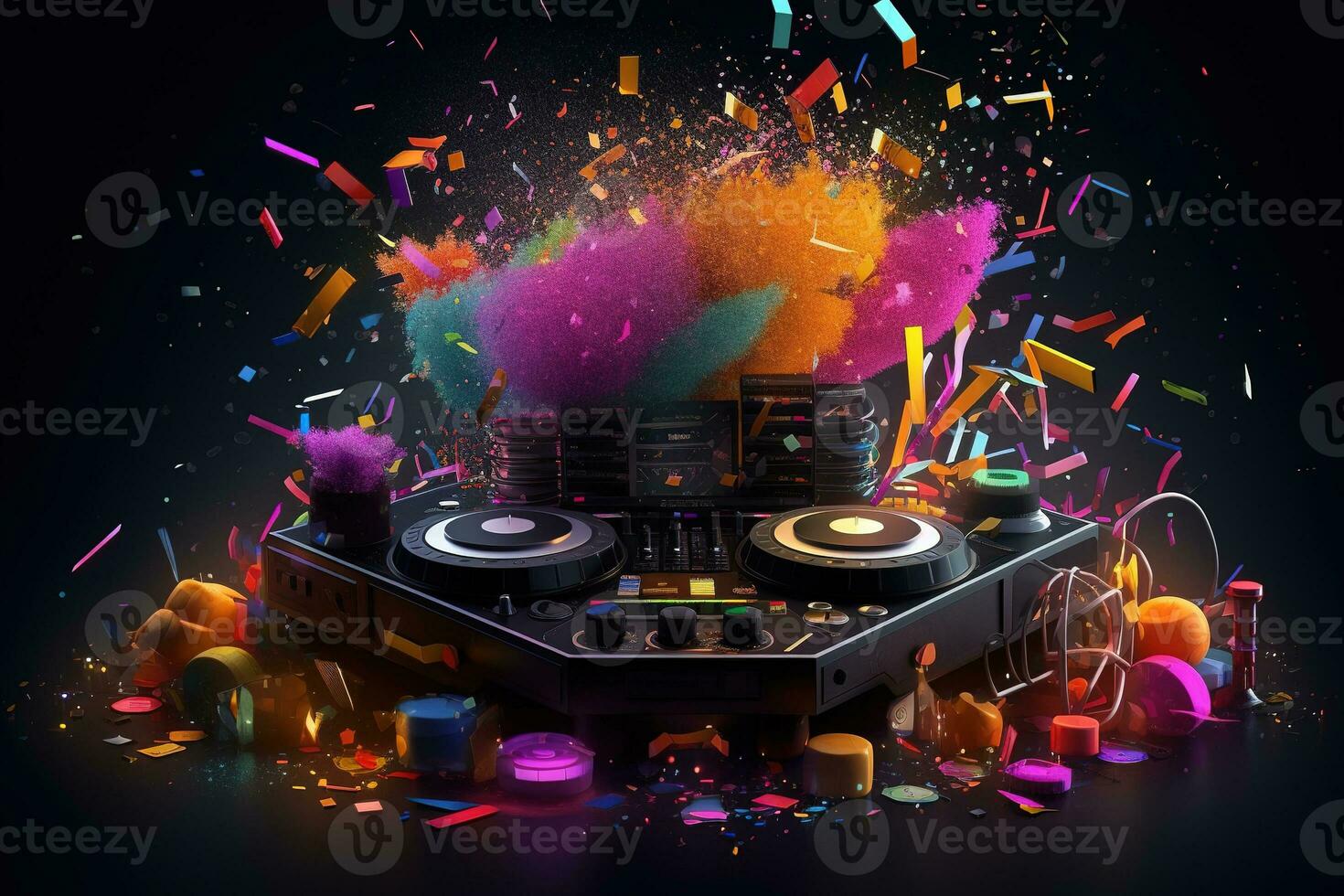 Abstract vector poster with colorful dj console, big speakers, fireworks, light bulbs, glitter, equalizer bars in background. Concept dance party. Generative AI photo