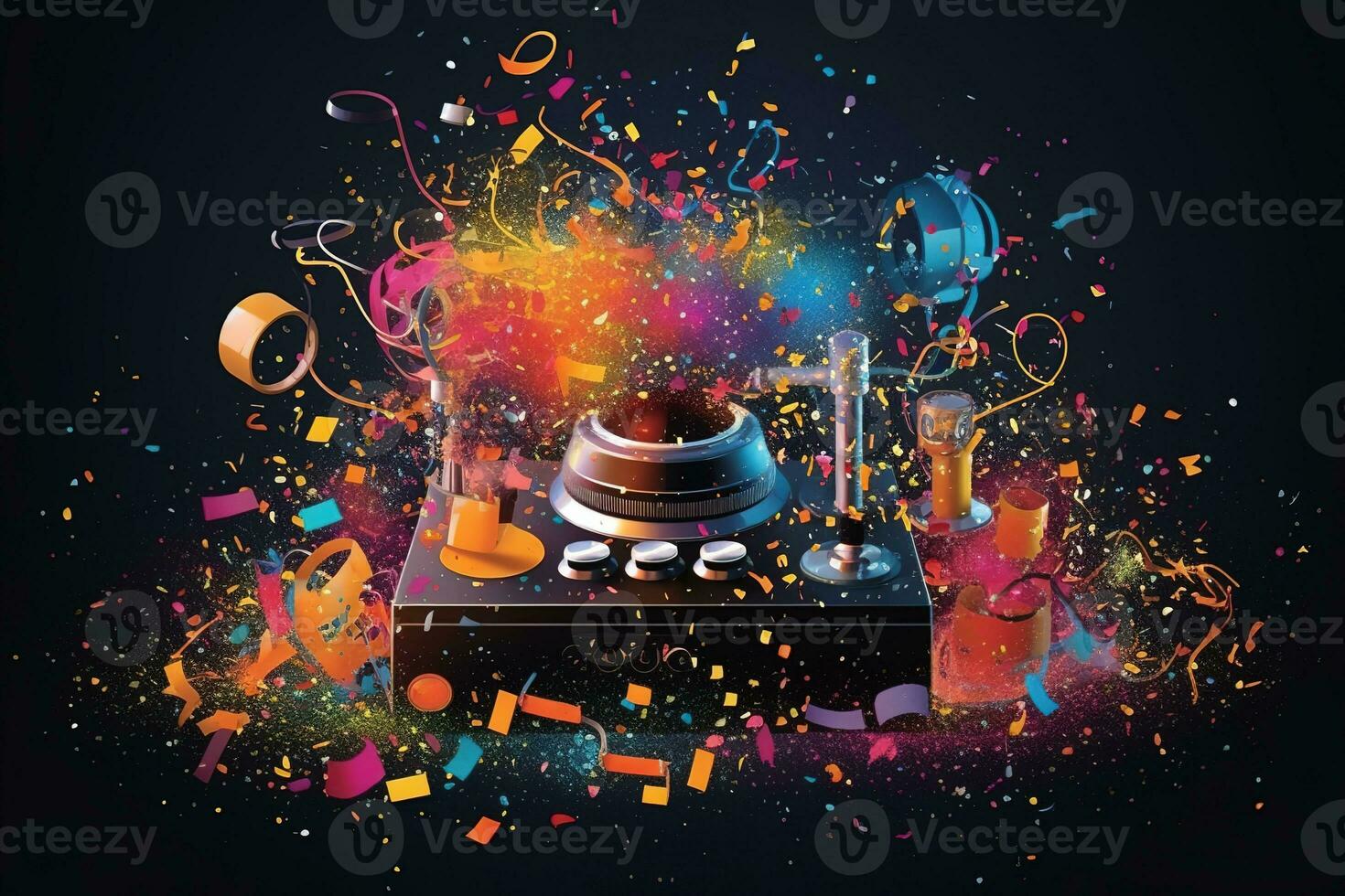 Abstract vector poster with colorful dj console, big speakers, fireworks, light bulbs, glitter, equalizer bars in background. Concept dance party. Generative AI photo