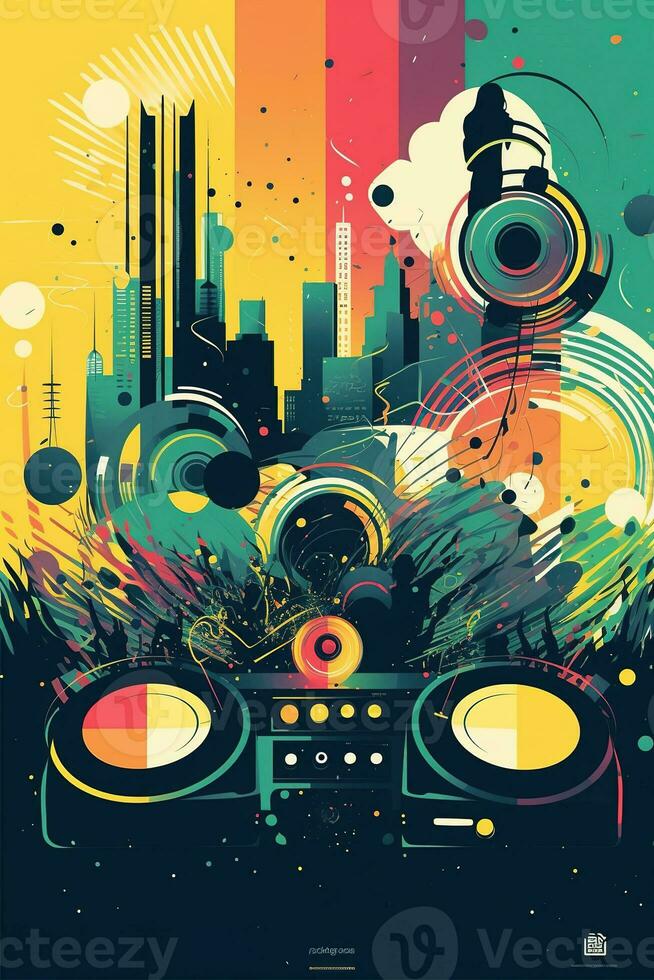 Abstract vector poster with colorful dj console, big speakers, fireworks, light bulbs, glitter, people dance, equalizer bars in background. Concept dance party. Generative AI photo