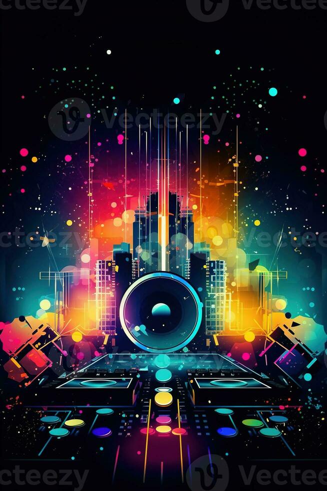 Abstract vector poster with colorful dj console, big speakers, fireworks, light bulbs, glitter, people dance, equalizer bars in background. Concept dance party. Generative AI photo