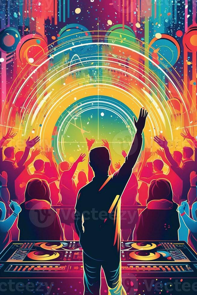 Abstract vector poster with colorful dj console, big speakers, fireworks, light bulbs, glitter, people dance, equalizer bars in background. Concept dance party. Generative AI photo