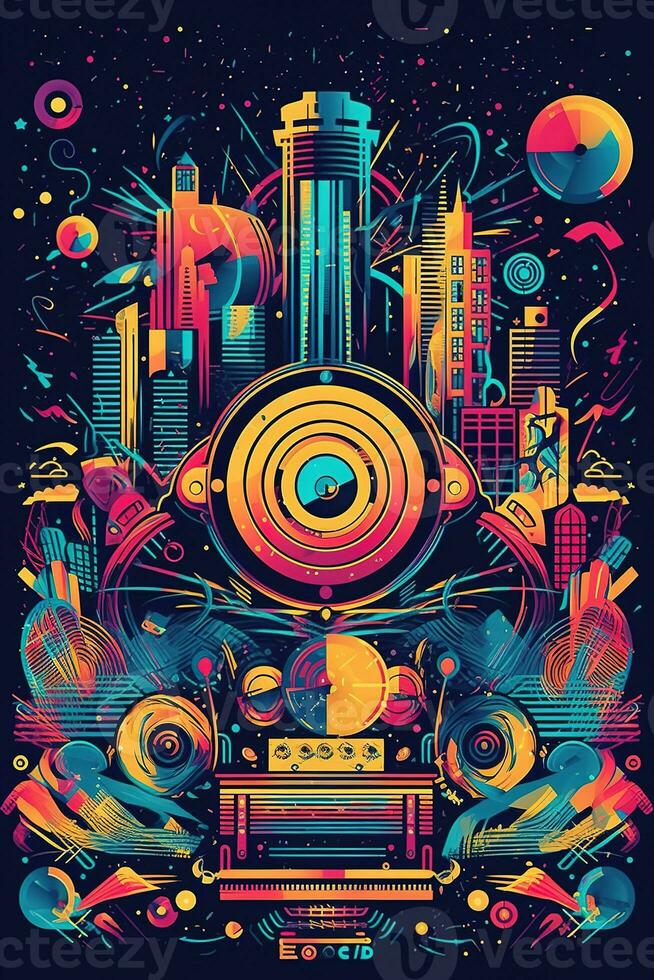 Abstract vector poster with colorful dj console, big speakers, fireworks, light bulbs, glitter, people dance, equalizer bars in background. Concept dance party. Generative AI photo