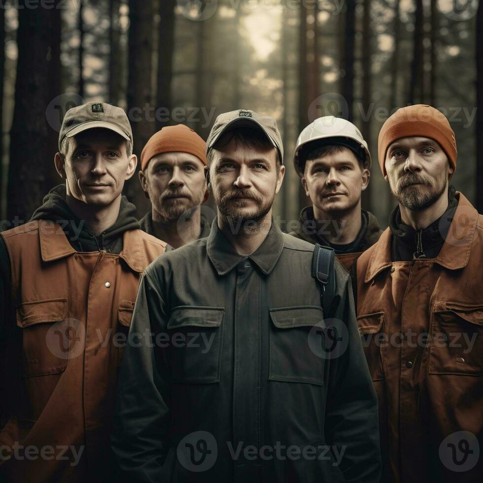 Advertising portrait shot of a woodcutter team standing together in a forest and they look at the camera. Generative AI photo