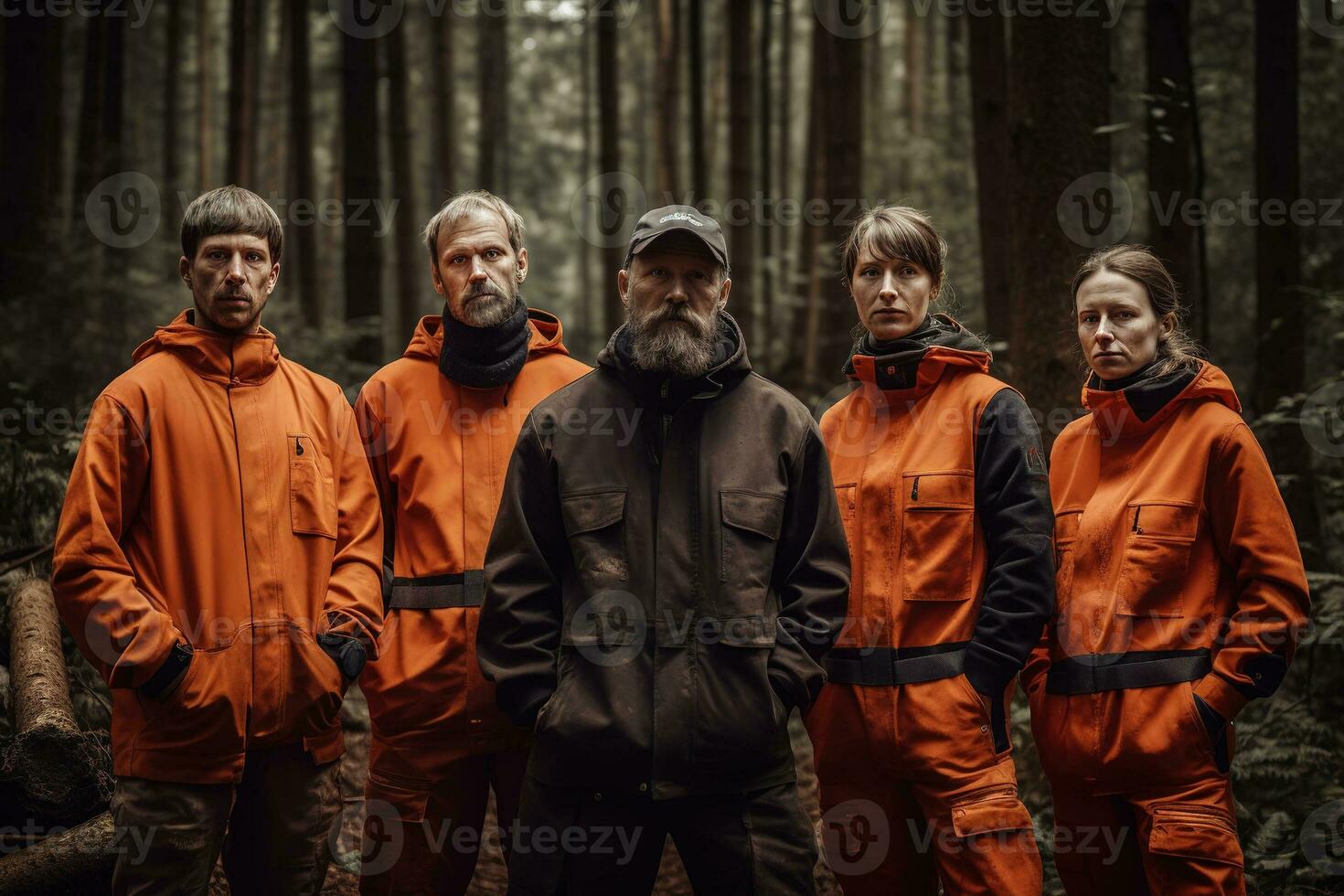 publicidad retrato Disparo de un leñador equipo en pie juntos en un bosque y ellos Mira a el cámara. generativo ai foto