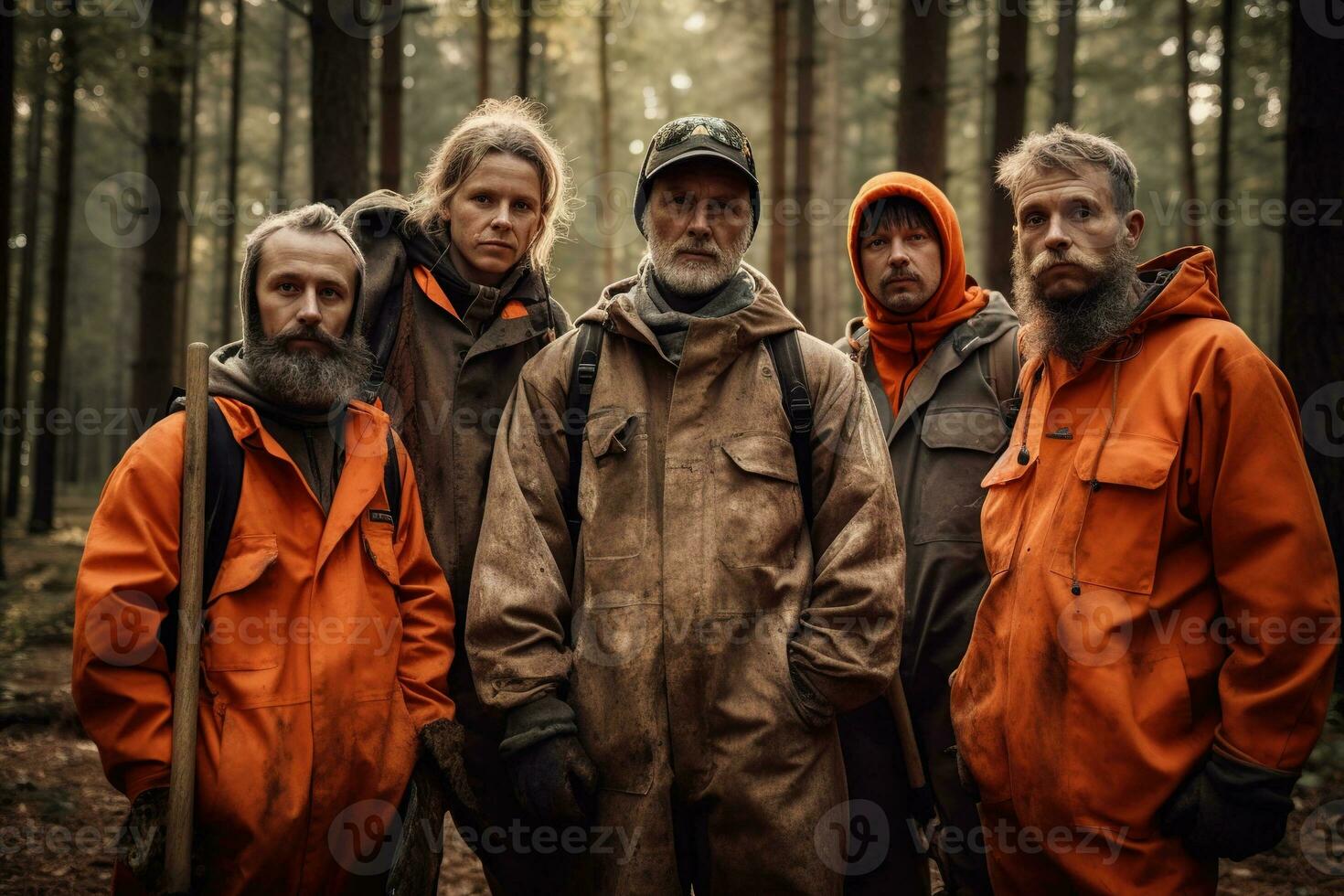 Advertising portrait shot of a woodcutter team standing together in a forest and they look at the camera. Generative AI photo