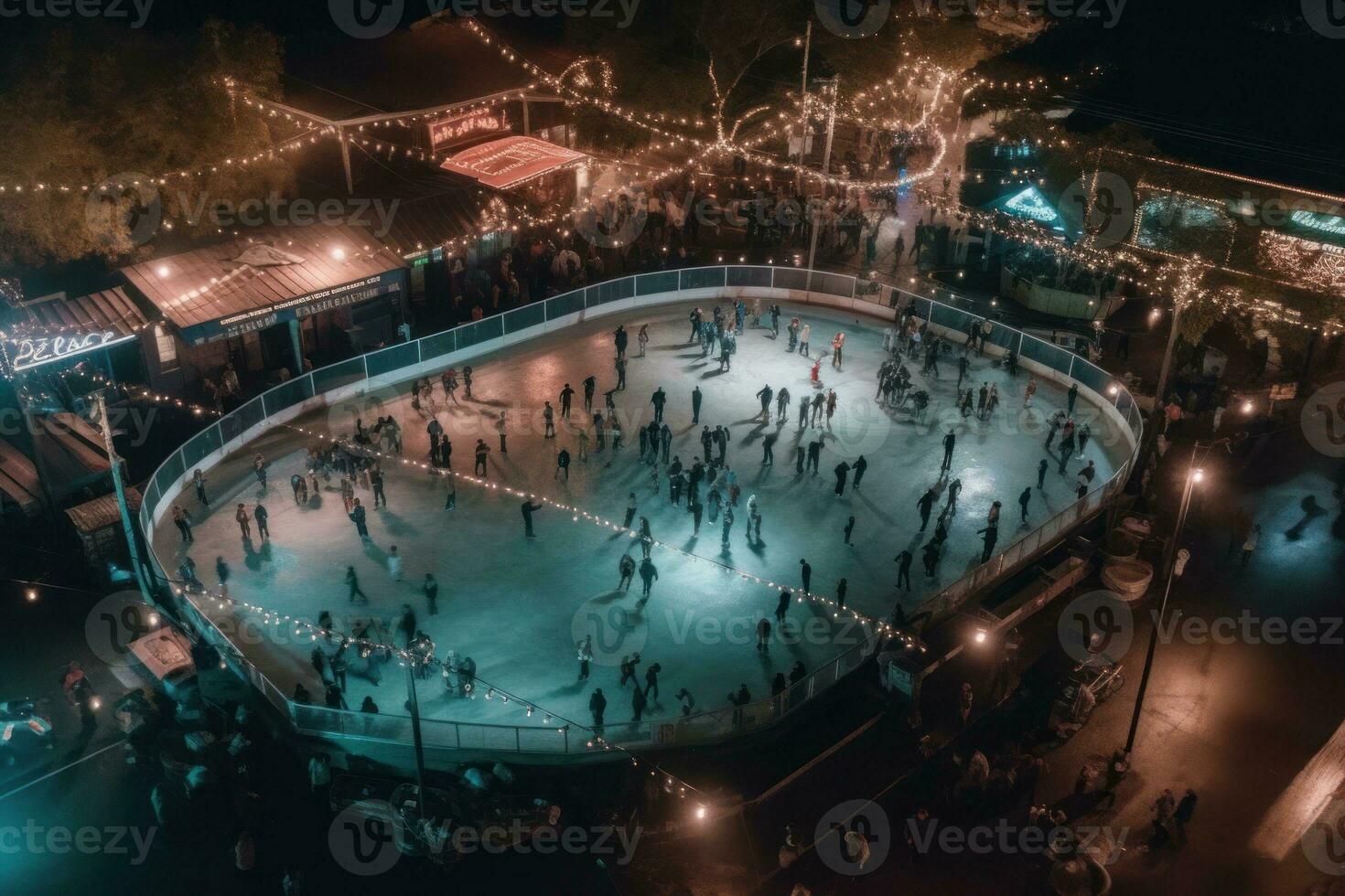 Aerial perspective of roller skaters circling an old-fashioned outdoor roller rink set under a sea of twinkling stars on a clear night. Generative AI photo