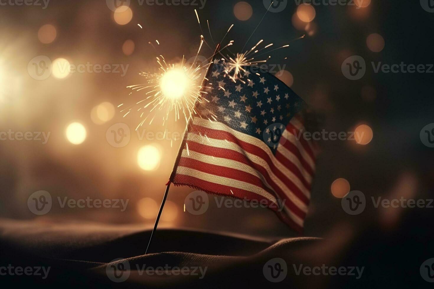 The American flag wave through the night sky with lit sparkler and fireworks in the background. 4 july independence day . Concept Patriotic holiday. Generative AI. photo