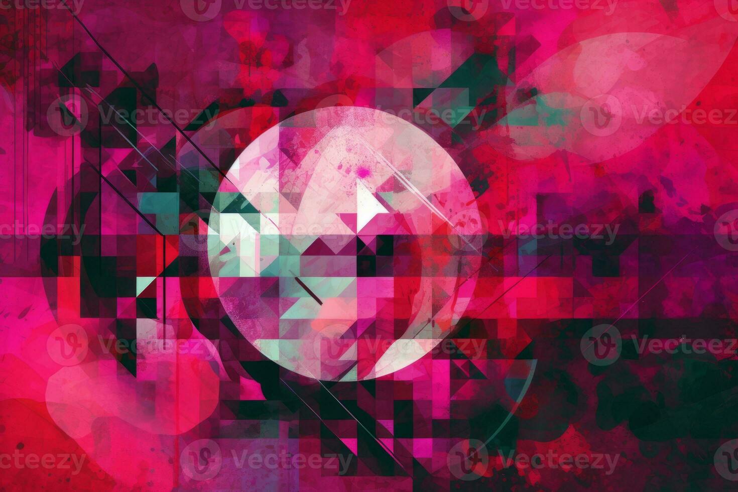 An abstract geometric artwork with a fuchsia-colored palette, against a textured background. Concept a sense of modern and contemporary art. For wall decor, wallpaper, poster, print. Generative AI photo
