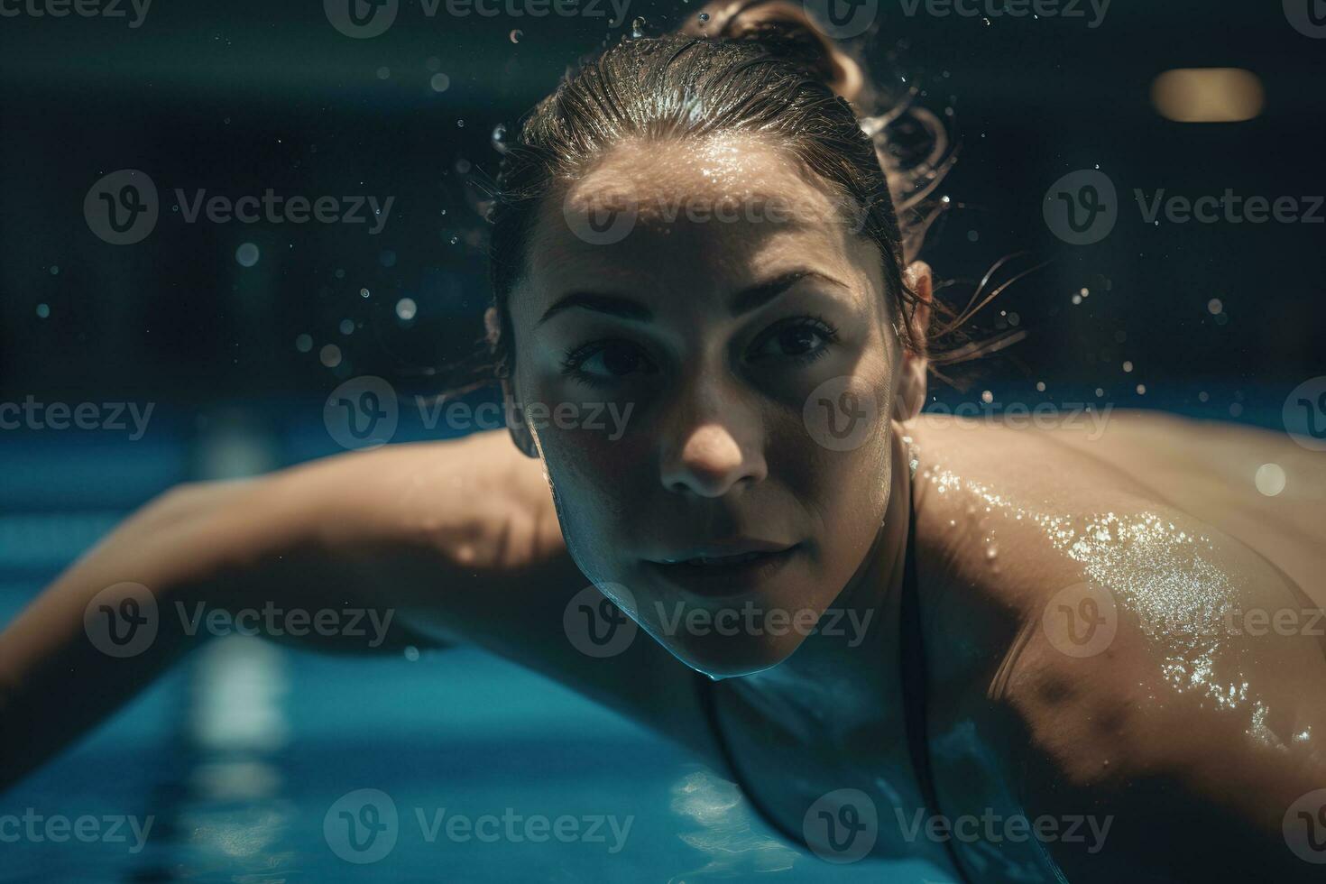 An athletic woman in her early thirties is captured about to enter the sparkling blue water of a swimming pool. She is wearing a sporty two-piece swimsuit. Generative Ai photo