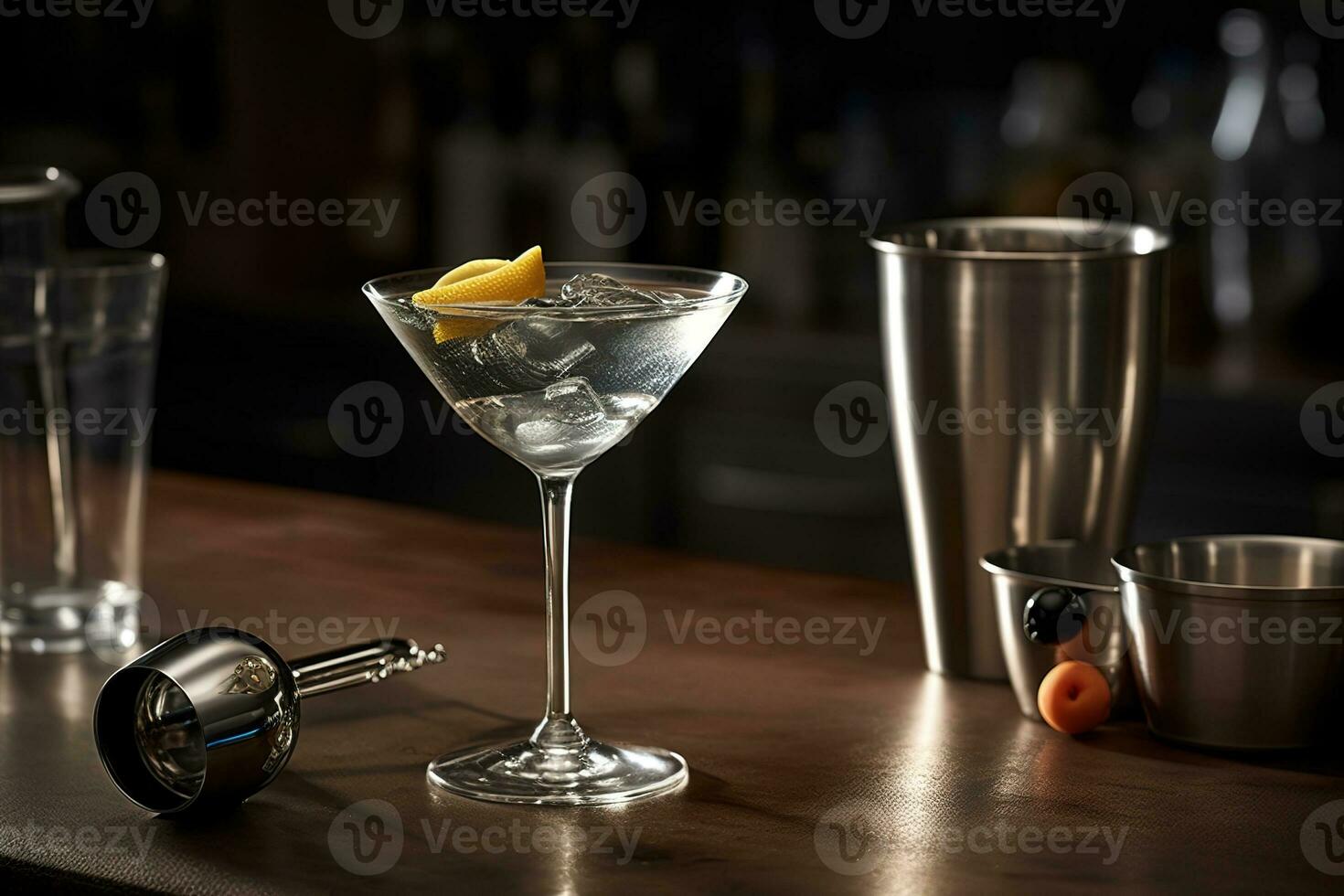 An elegant, classic martini, served in a sophisticated martini glass with a twist of lemon or an olive, accompanied by a silver cocktail shaker on a sleek, modern bar countertop. Generative AI photo