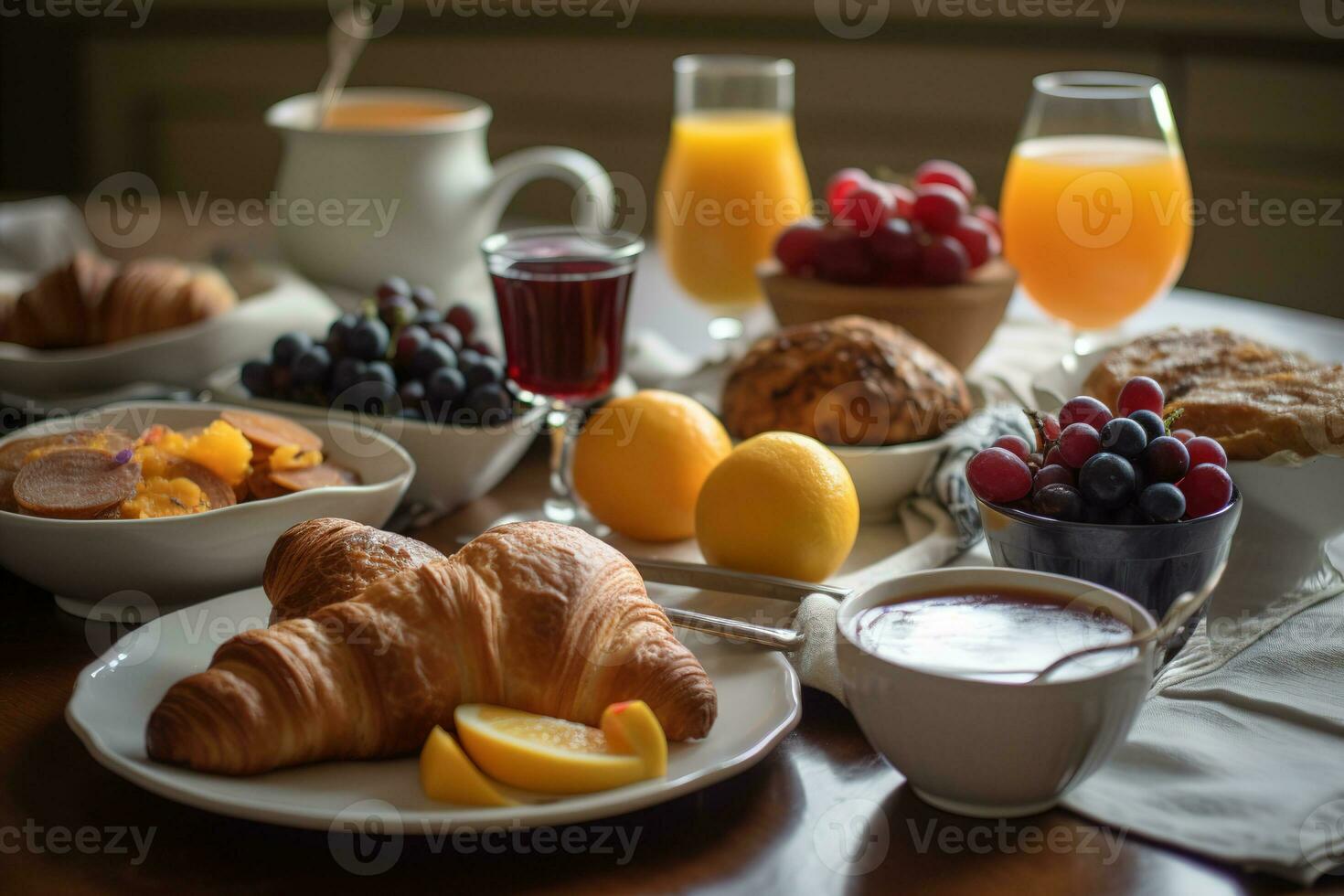 de inspiración francesa desayuno de mantecoso, escamoso cruasanes, servido con un selección de Fruta conservas, suave queso, y un maceta de recién elaborada café. generativo ai foto