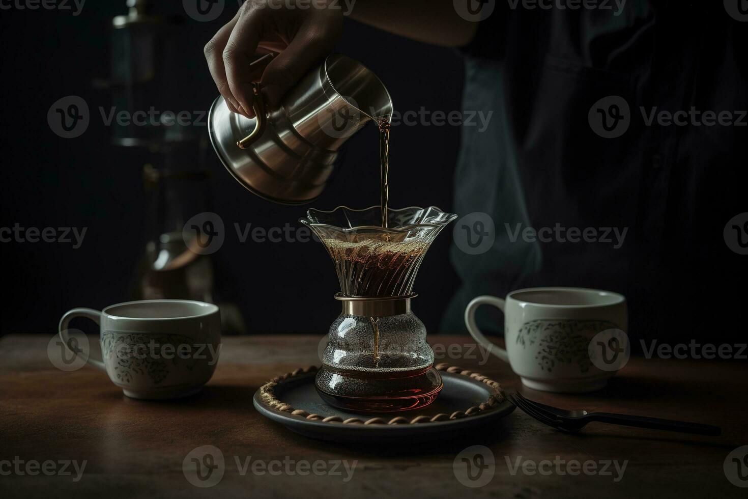 Coffee brewing scene, featuring a skilled barista meticulously pouring hot water over freshly ground coffee beans in a glass dripper, set against a clean, crisp counter or table surface. Generative AI photo