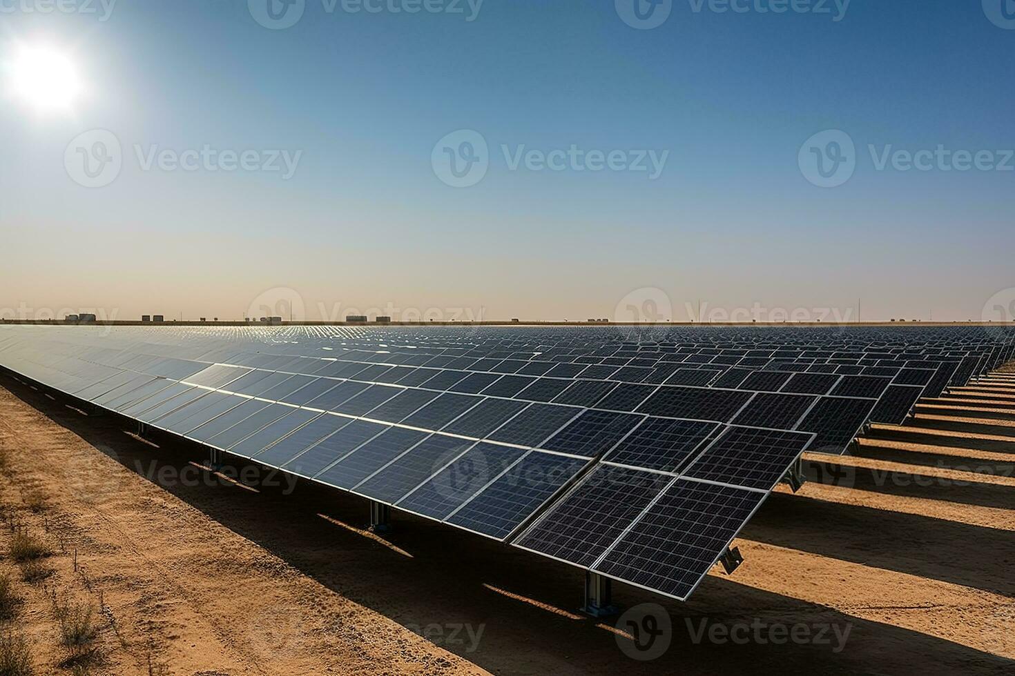 Large solar power plant with rows of photovoltaic panels neatly arranged against a clear blue sky. Representing the harmonious integration of different renewable energy sources. Generative AI. photo