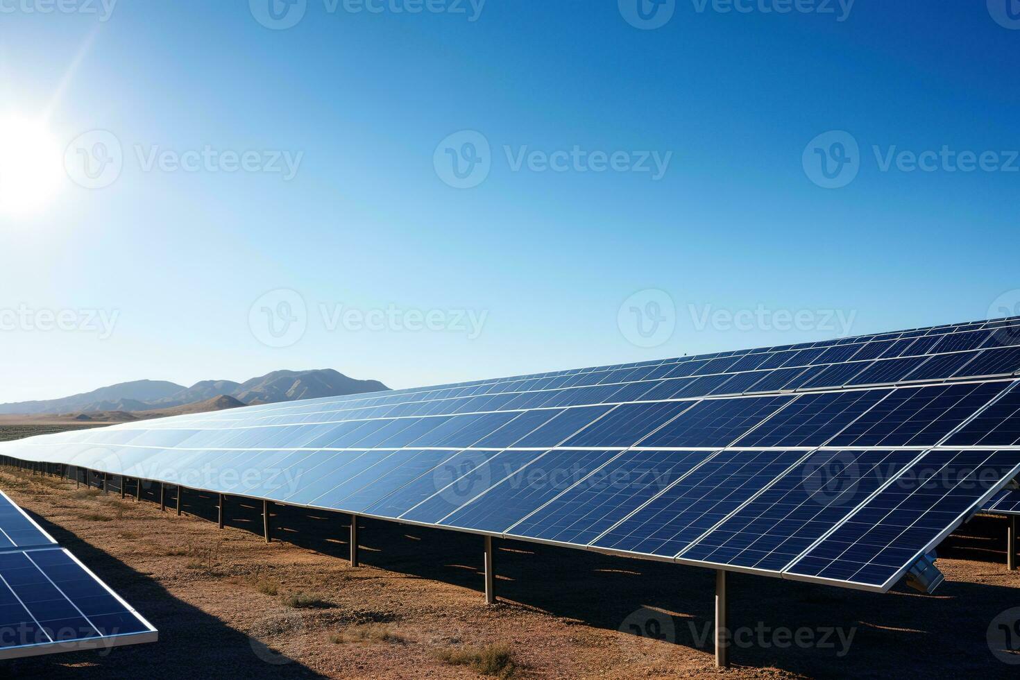 Large solar power plant with rows of photovoltaic panels neatly arranged against a clear blue sky. Representing the harmonious integration of different renewable energy sources. Generative AI. photo