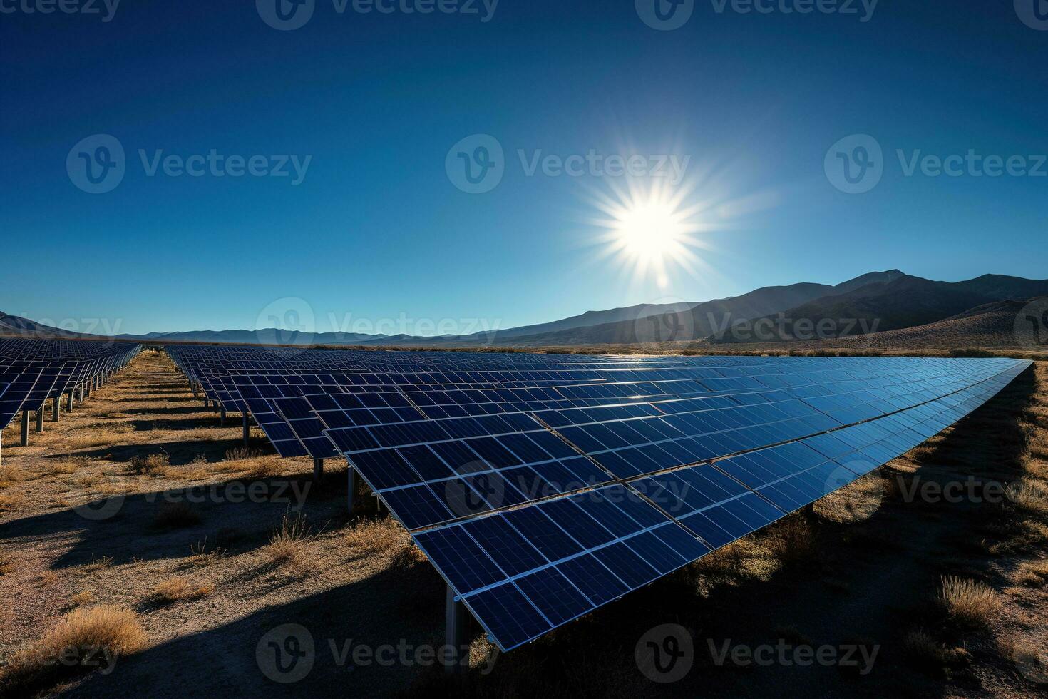 Large solar power plant with rows of photovoltaic panels neatly arranged against a clear blue sky. Representing the harmonious integration of different renewable energy sources. Generative AI. photo