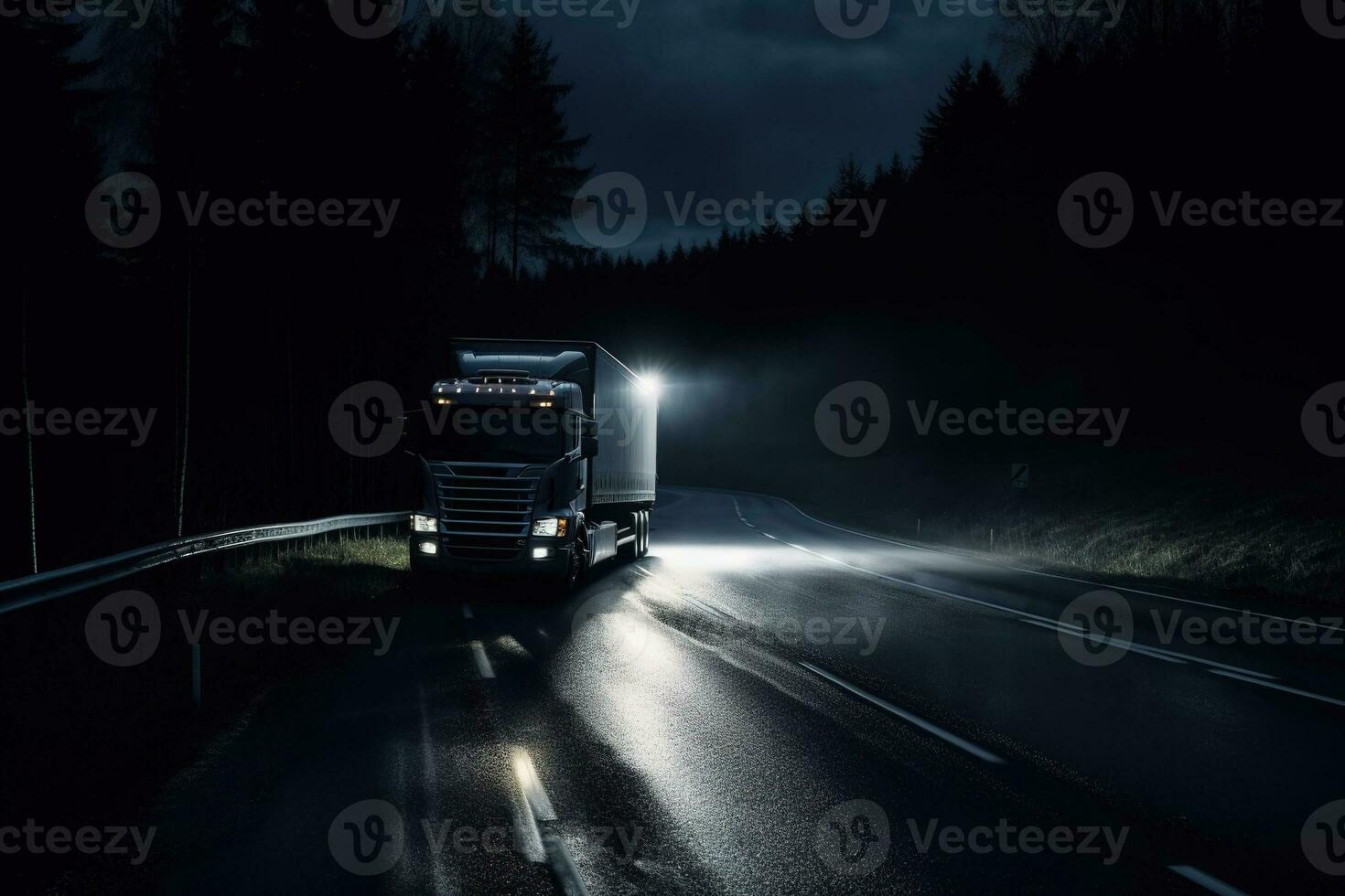 The image show a transport truck driving on a dark road at night. In the dark and moody background. Generative AI photo