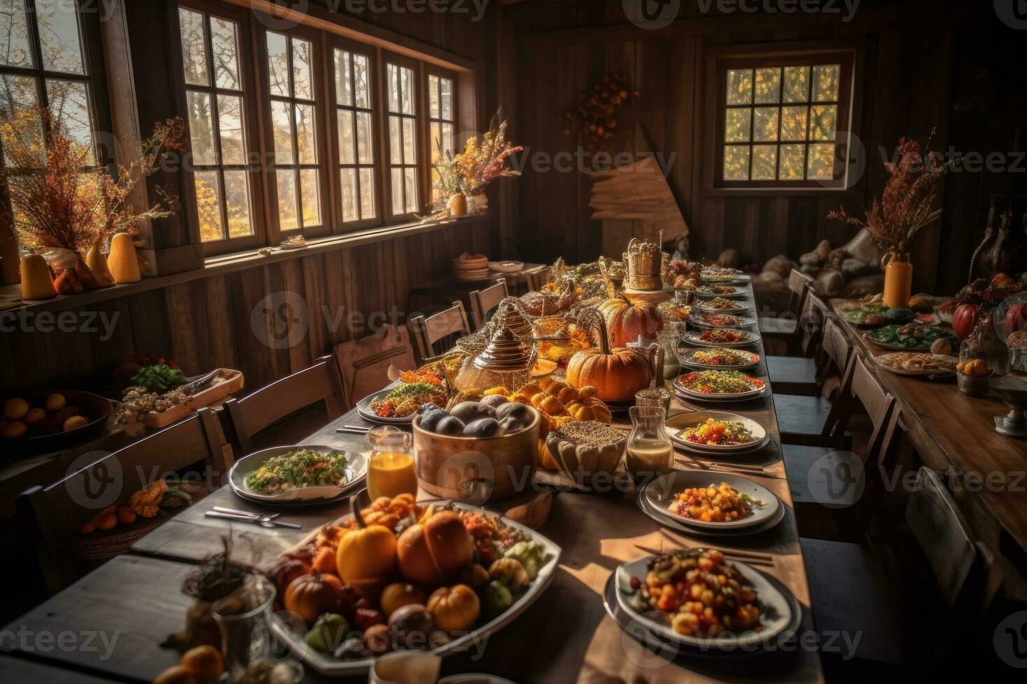 Long table filled with delicious Thanksgiving dishes. The setting a is cozy dining room, with fall foliage and pumpkins adding to the seasonal atmosphere. Generative AI photo