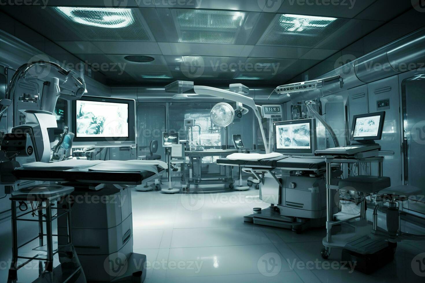 Operating room, with the robotic medical instruments in the foreground and the medical team in the background. Advanced medical equipment used in robotic medical. Generative AI. photo