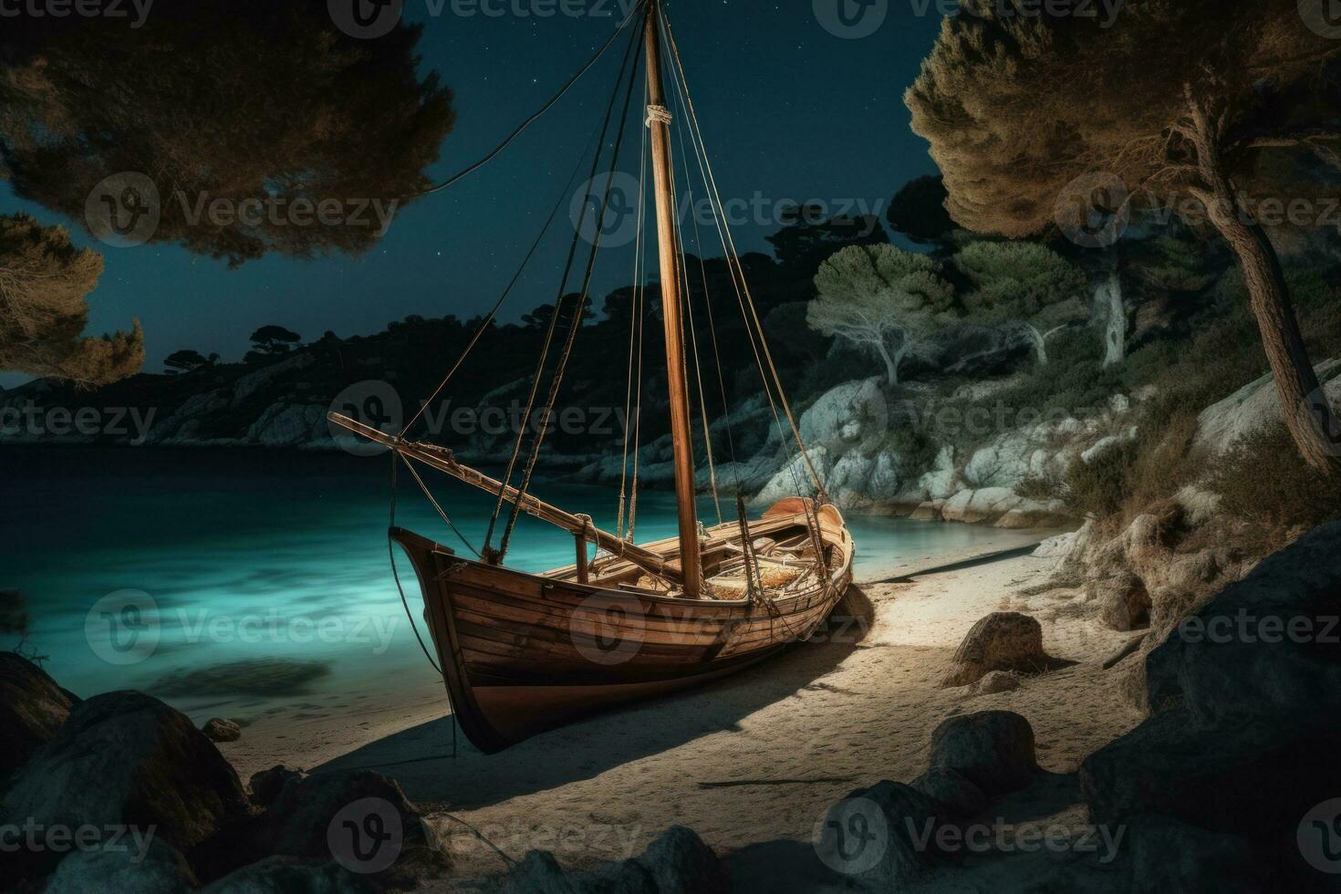 An old wooden sailboat being hauled up onto the shores of a secluded island beach. Rustic boat against a backdrop of turquoise coves, pine trees and clear night sky. Generative AI photo