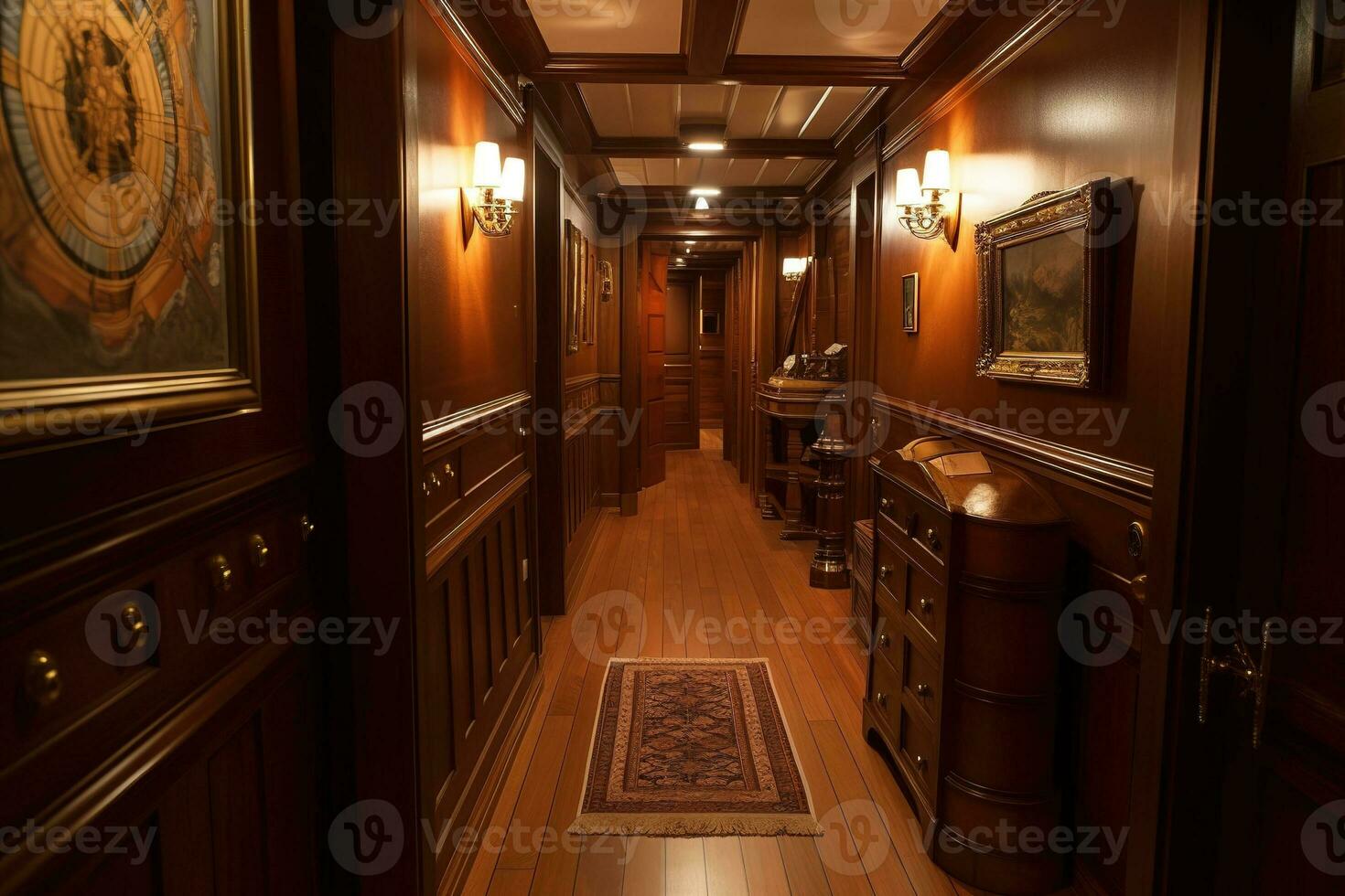 Below decks, rich mahogany walls line the hallways and cabins. Precious maps and navigational equipment occupy their own dedicated cabin, brass fittings gleaming.Generative AI photo