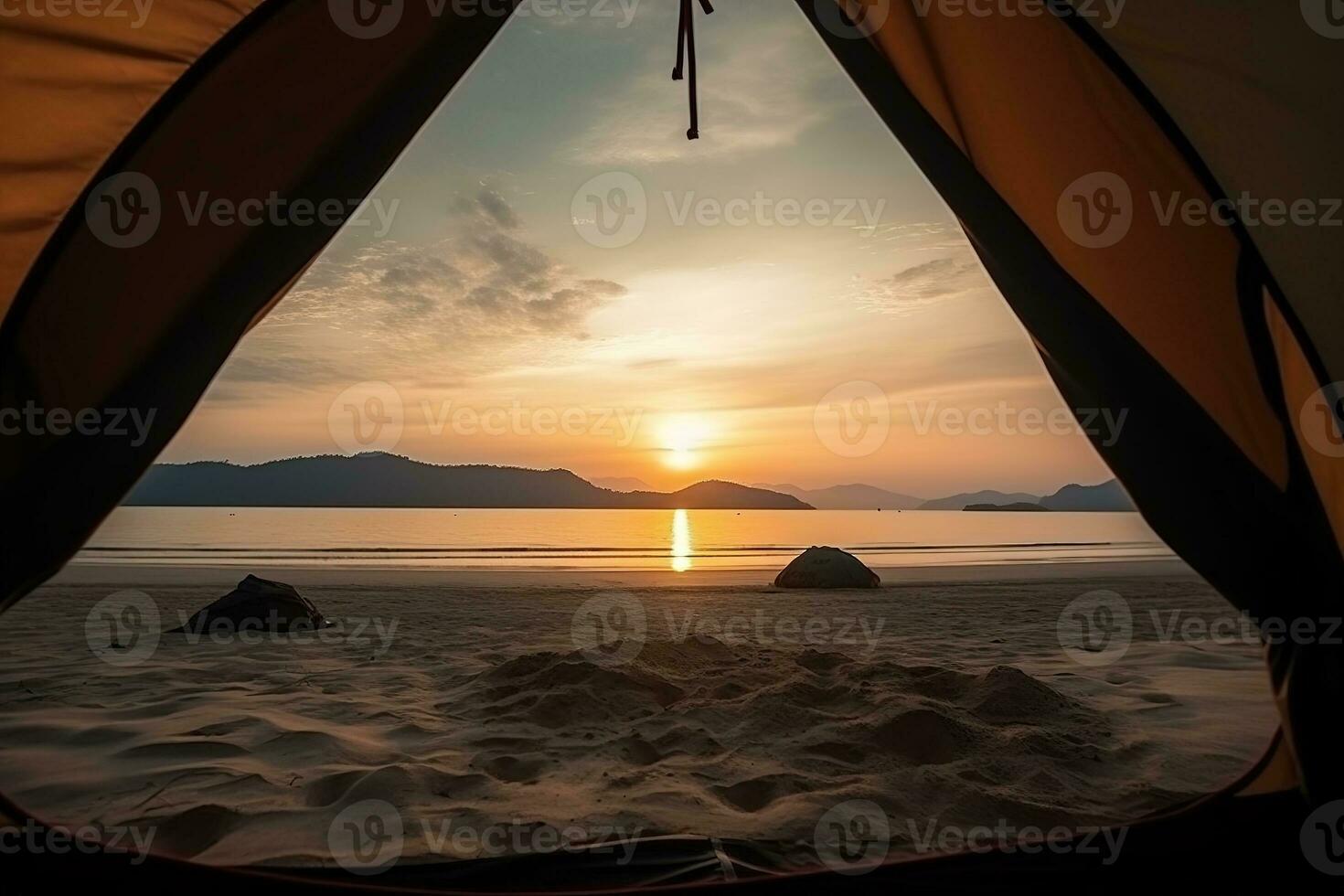 Camping on the white beach with beautiful panorama at sunrise light view from a tent. Generative AI. photo
