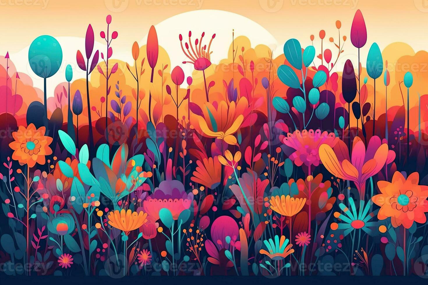 Abstract colorful colors Illustration of flower meadow . Concept nature wallpaper. Generative AI. photo