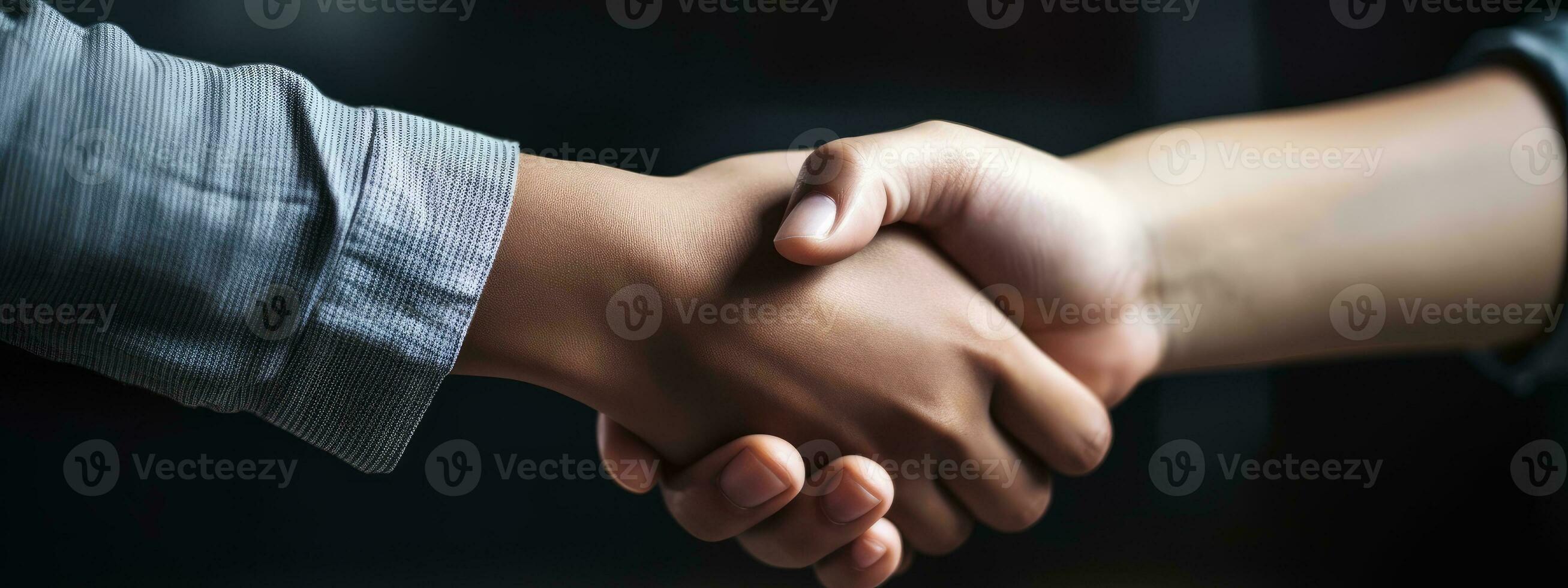 Close up of male and female hands, shaking hands after effective negotiation. Business banner concept. Generative AI photo