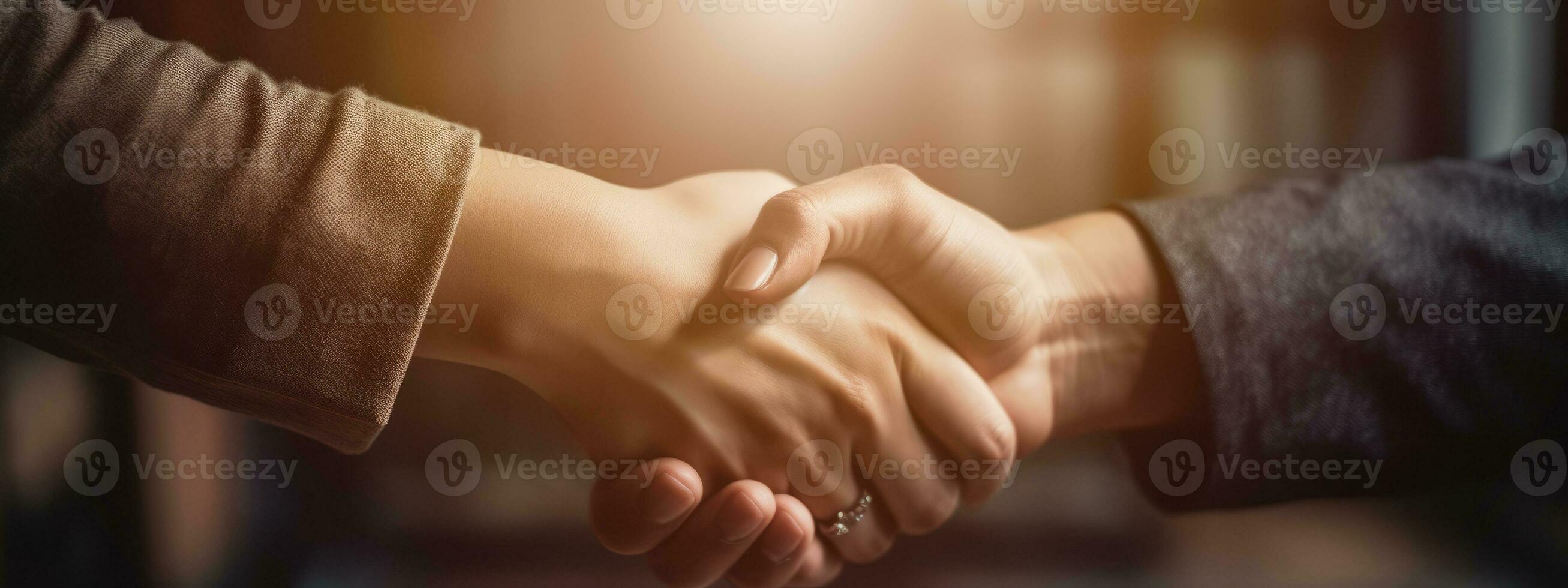 Close up of male and female hands, shaking hands after effective negotiation. Business banner concept. Generative AI photo