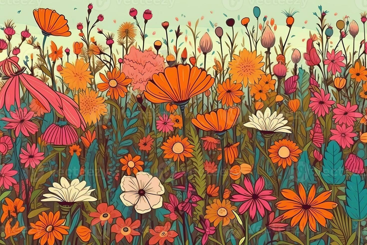 Abstract colorful colors Illustration of flower meadow . Concept nature wallpaper. Generative AI. photo
