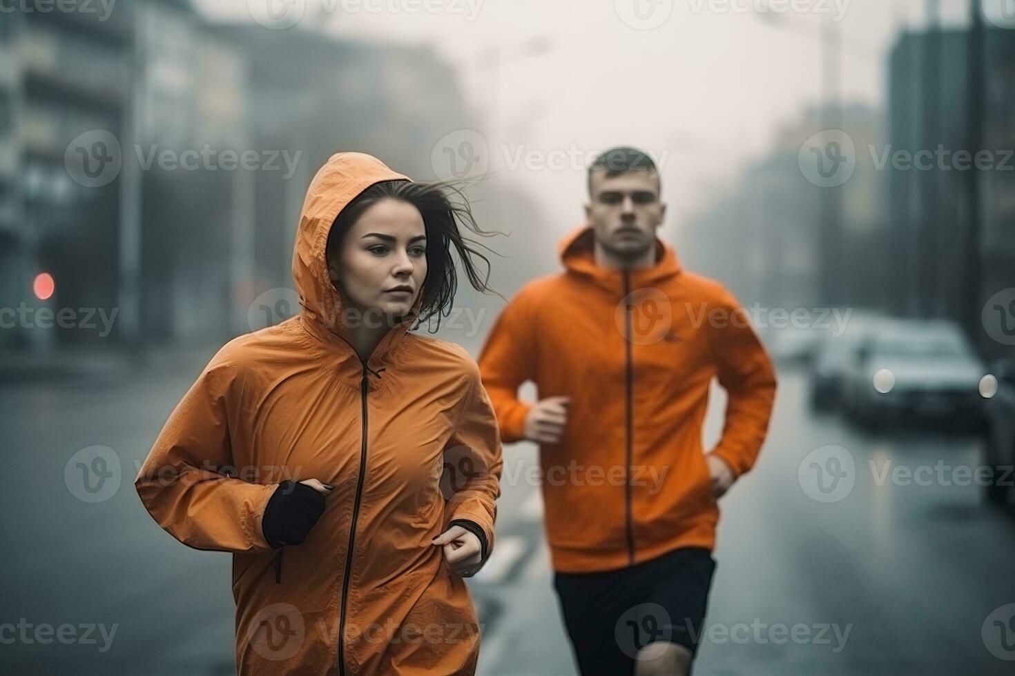 Healthy Couple playing sports together on the street. Morning run. Generative AI photo