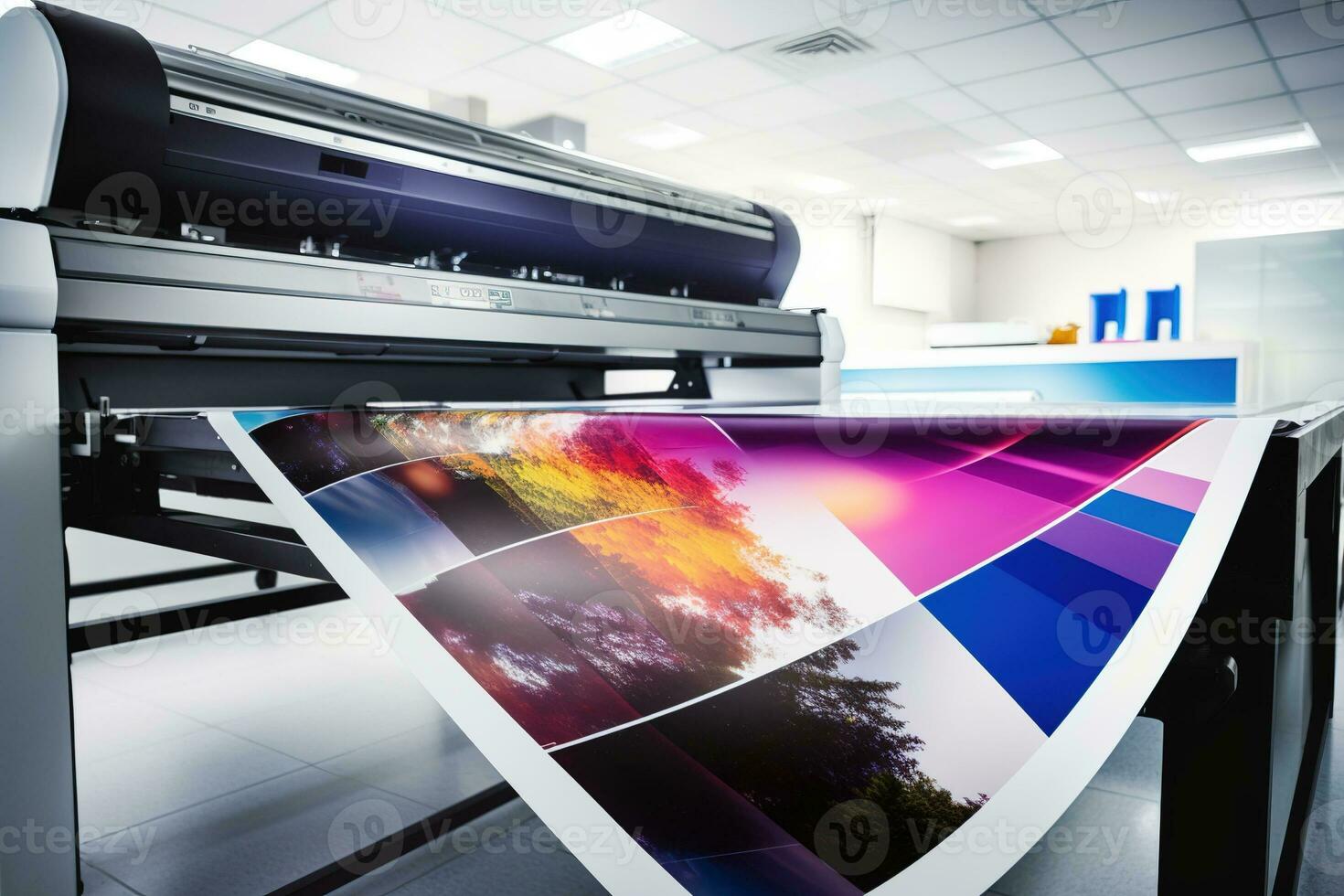Large wide digital inkjet printing machine during production. Generative Ai. photo