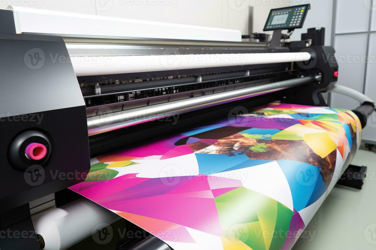 Large wide digital inkjet printing machine during production. Generative Ai. photo