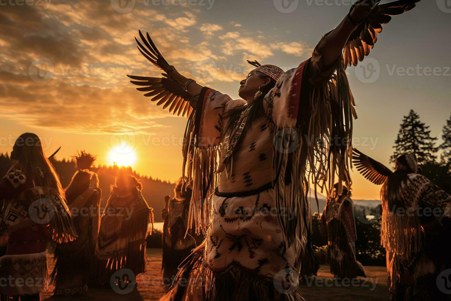Native American Dancers performing a ceremonial eagle dance, arms outstretched and heads tilted back to portray the majestic bird taking flight on auburn sunset sky. Generative AI photo