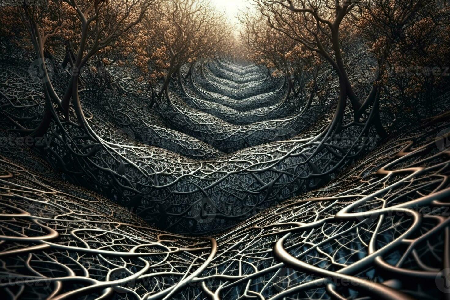 Fractal trees with branches that writhe and undulate like snakes, leaving behind them a geometric trail of rippling distortion. Concept Psychic Waves . Generative AI photo