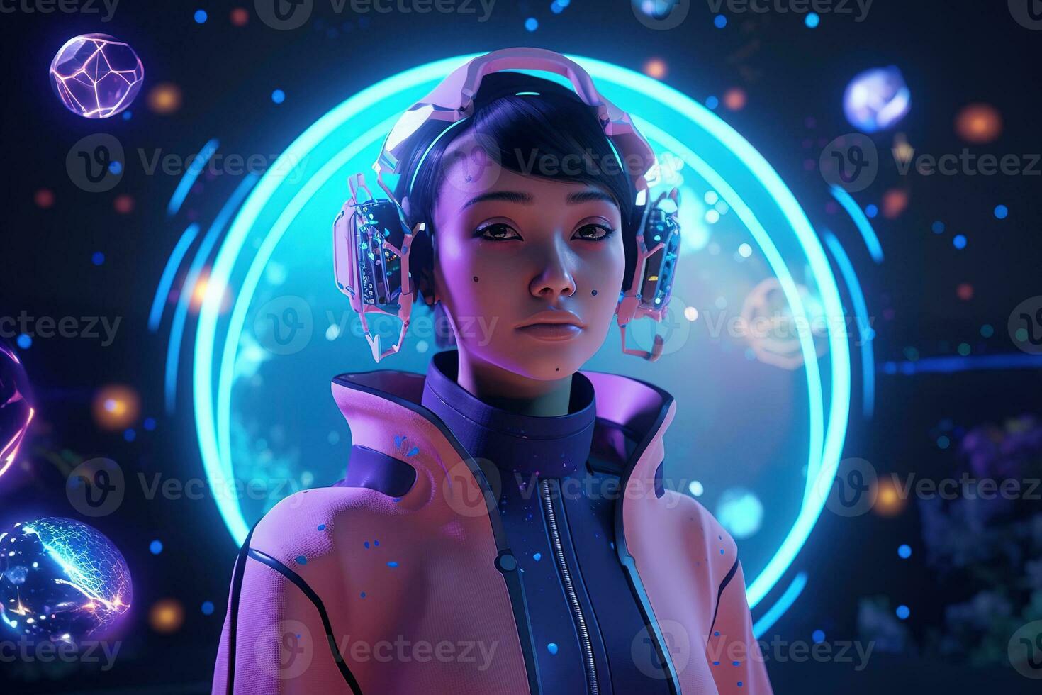 Futuristic virtual worlds inhabited by AI avatars custom designed with astrological traits, colors that match the astrological sun signs. Bringing the cosmos's influence into VR. Generative AI photo