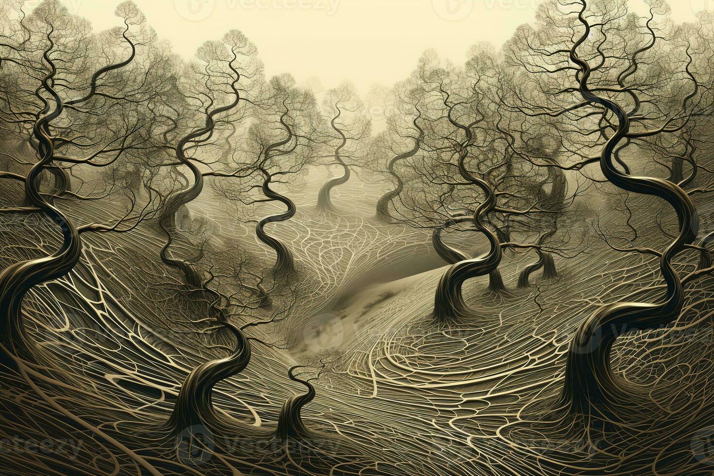 Fractal trees with branches that writhe and undulate like snakes, leaving behind them a geometric trail of rippling distortion. Concept Psychic Waves . Generative AI photo