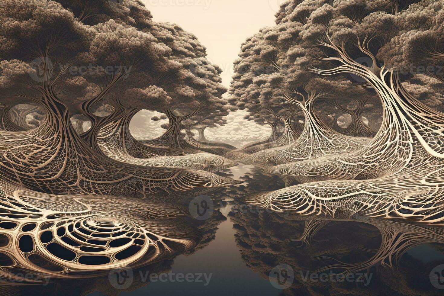Fractal trees with branches that writhe and undulate like snakes, leaving behind them a geometric trail of rippling distortion. Concept Psychic Waves . Generative AI photo