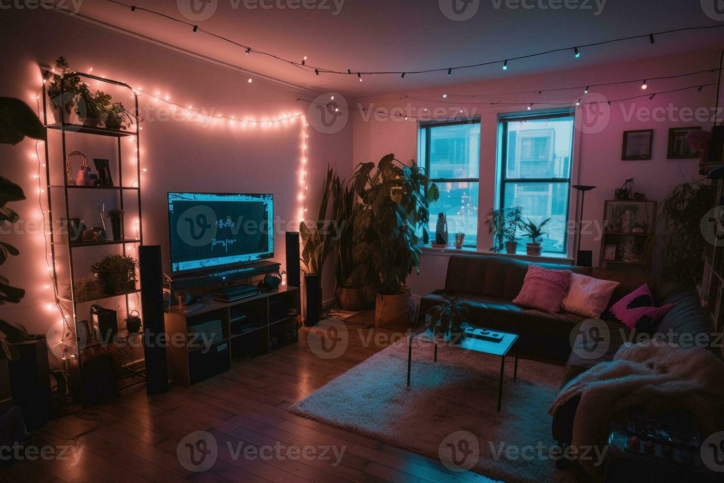 Gen Z living room featuring makeshift social media filming studio, neon LED rope lights, ambient geometric lamps and throw pillows, gaming PC. Generative AI photo