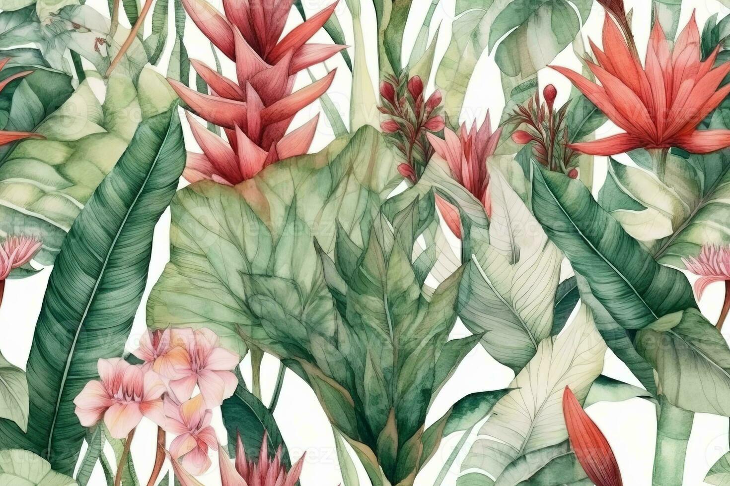 Illustration of watercolor tropical leaves and blush flowers on white background seamless border. Concept for decor and design. Tropical flower pattern. Generative AI photo
