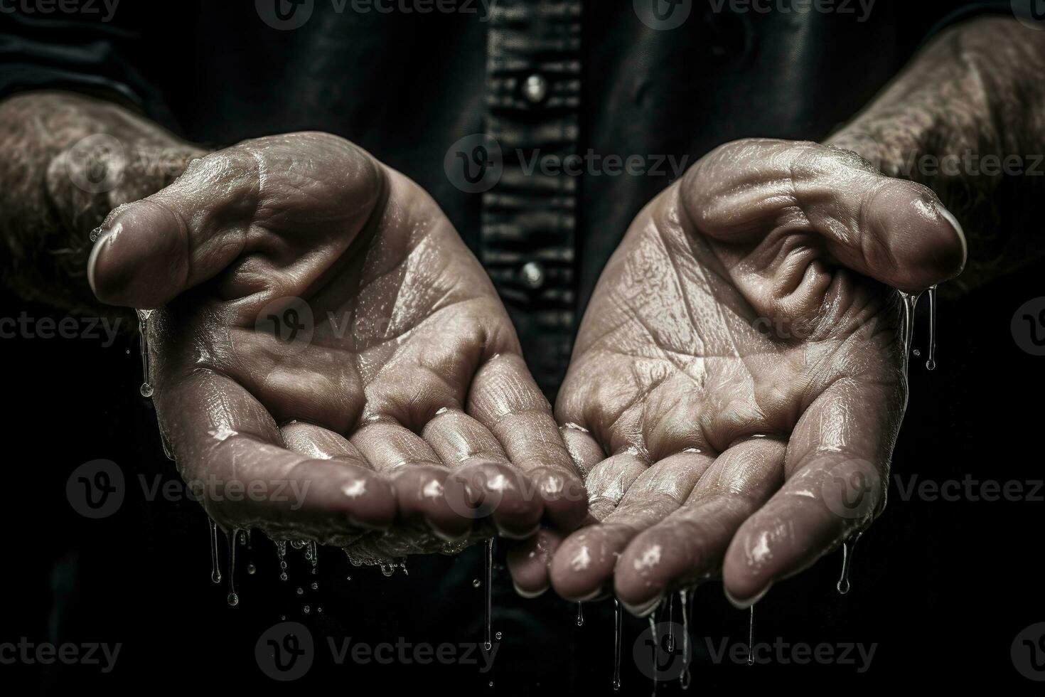 Hands cupped together, but instead of holding water, they are catching and shapinginvisible ripples in the air. Generative AI photo