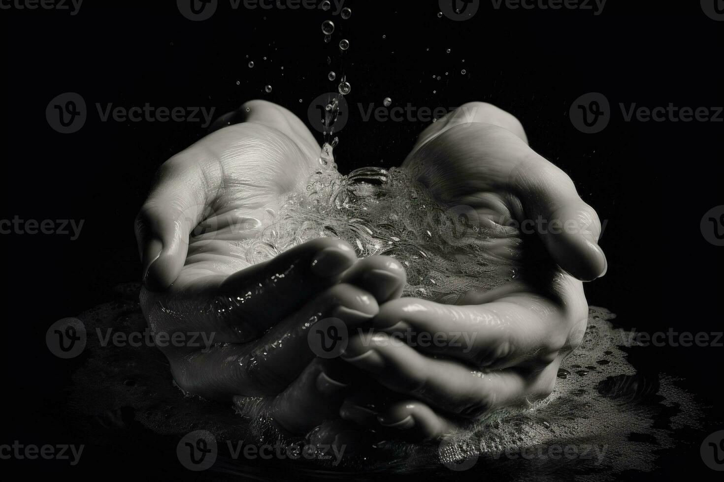 Hands cupped together, but instead of holding water, they are catching and shapinginvisible ripples in the air. Generative AI photo