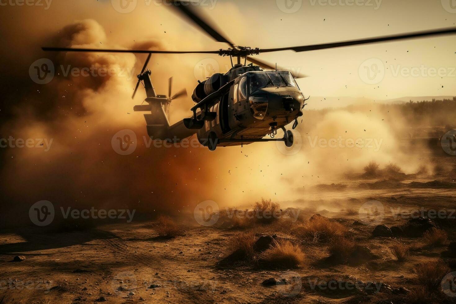 Helicopter recovering downed pilots, air crews rushing to the rescue and extraction of compatriots shot down behind enemy lines. Generative AI photo
