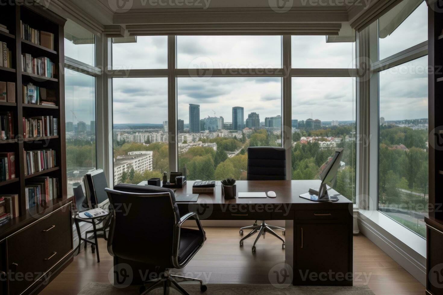 A home office with a desk and comfortable chairs facing a large window with a breathtaking view of the city. Generative AI photo