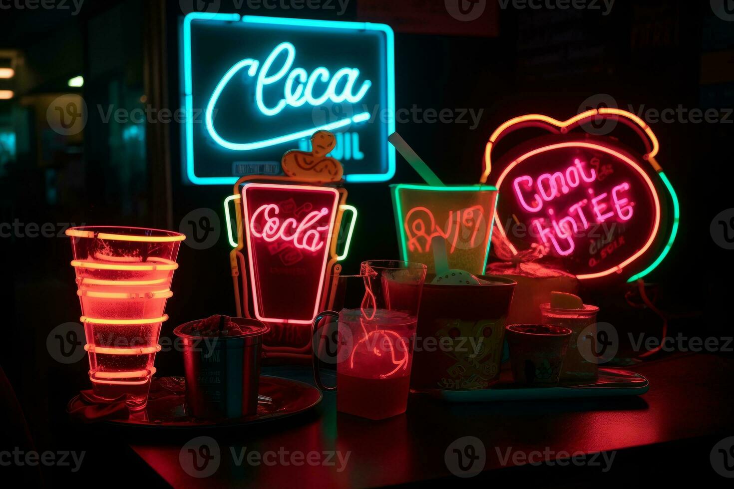 Isolated neon signs for things like 'Boba', 'Tacos', and 'Brunch'. Neon colors are hugely popular with Gen Z, as are trends for certain types of food. Generative AI photo