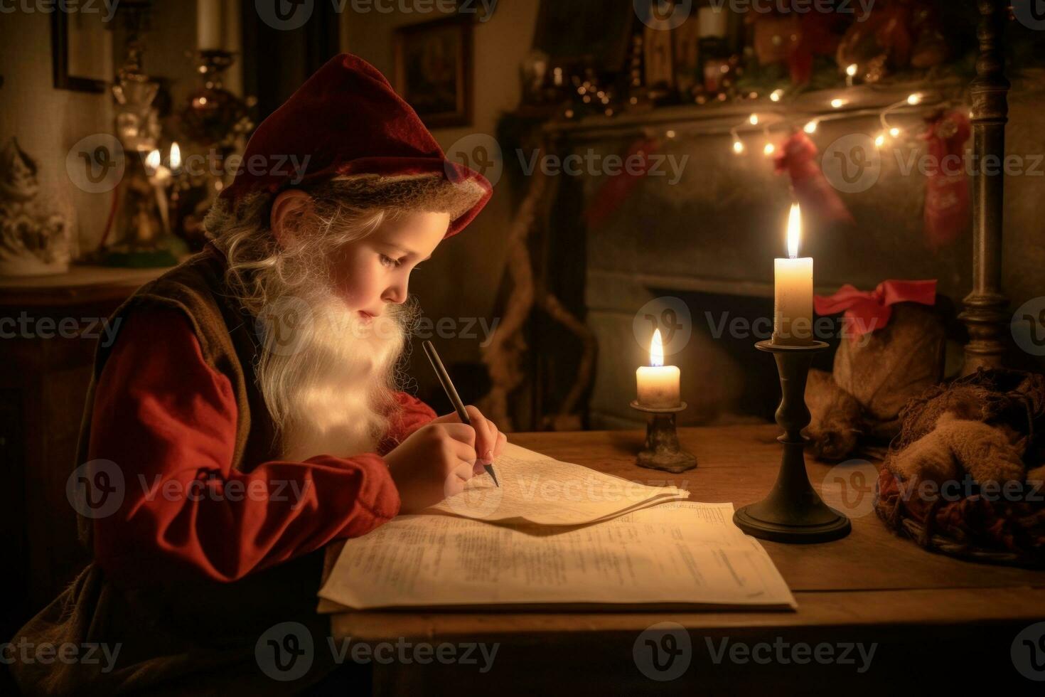 Jolly St. Nick reviewing his disobedient and Nice list by the firelight of the North Pole workshop, red and white quill pen in hand, dusty copies of child-written letters strewn about. Generative AI photo