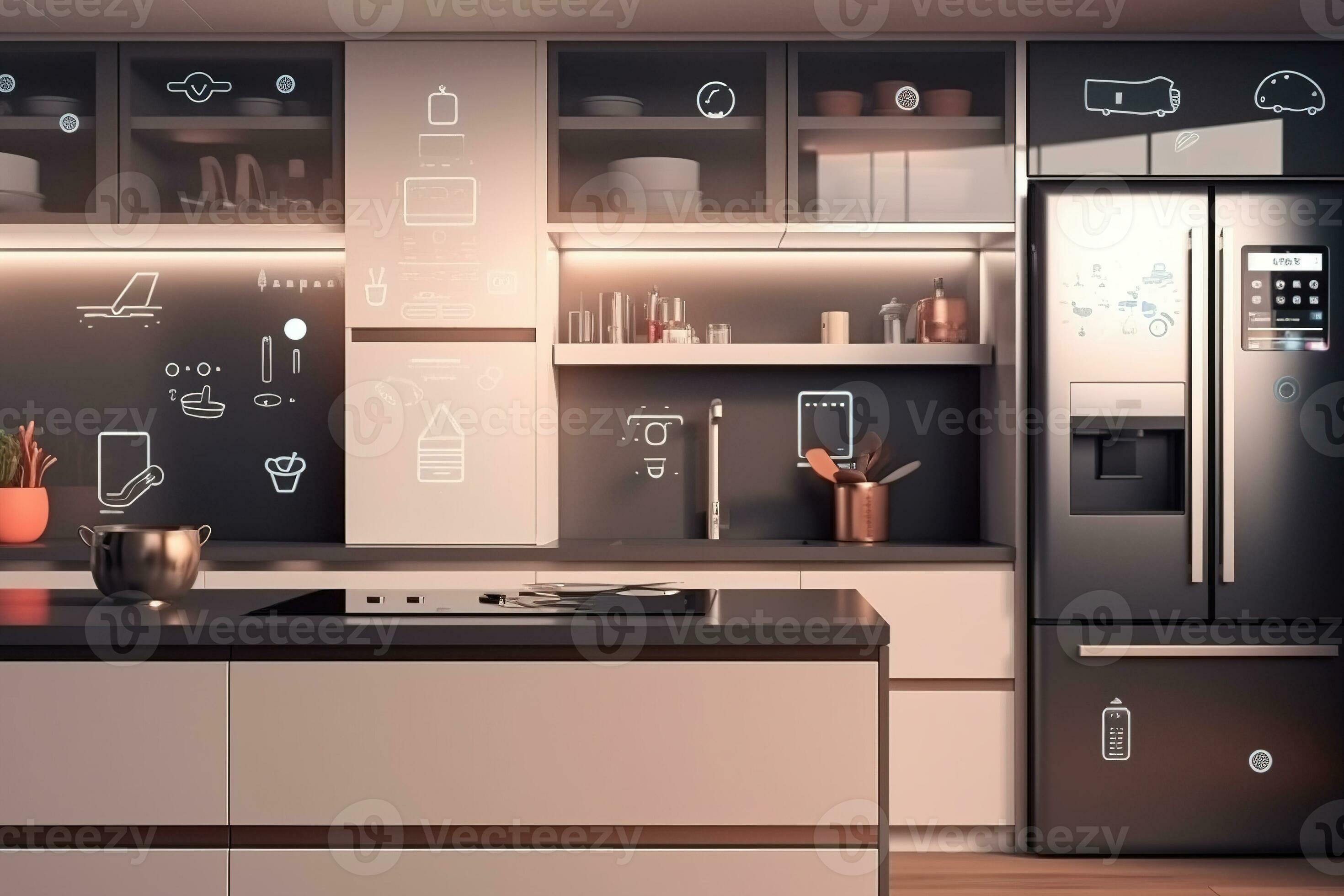 Kitchen with smart appliances with display screen and voicecontrolled settings, concept of